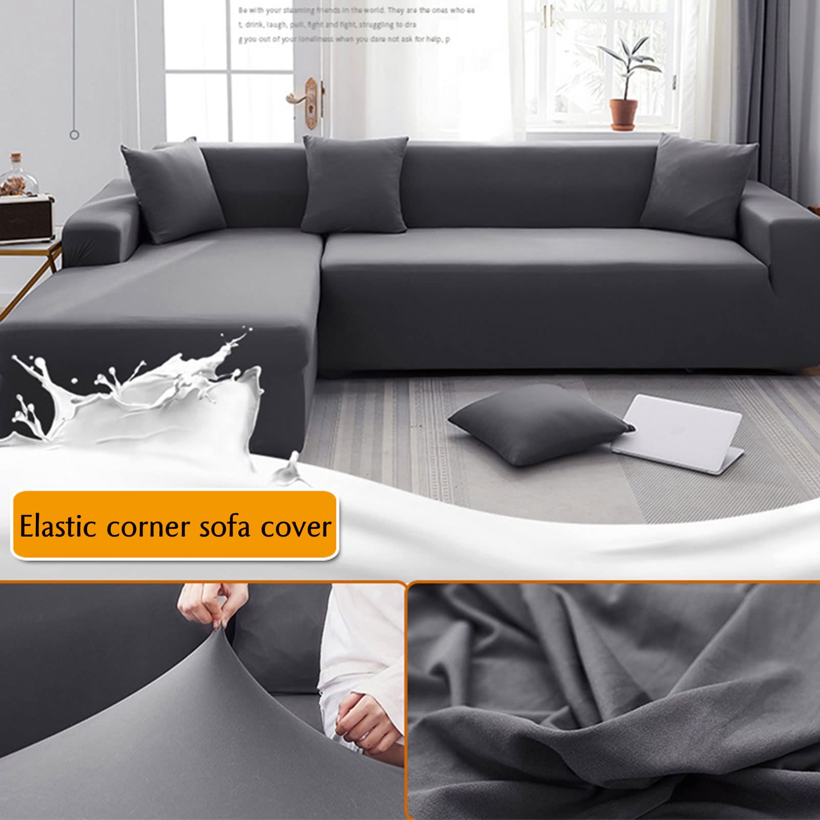 Stretchable L-Shaped Sectional Sofa Slipcover - Solid Color Chaise Lounge Cover with 2 Pillow Cases, High Elasticity Furniture Protector for Pets & Kids (Coffee, 3+3 Seater) - Perfect for Living Room, Family Room & Pet-Friendly Homes