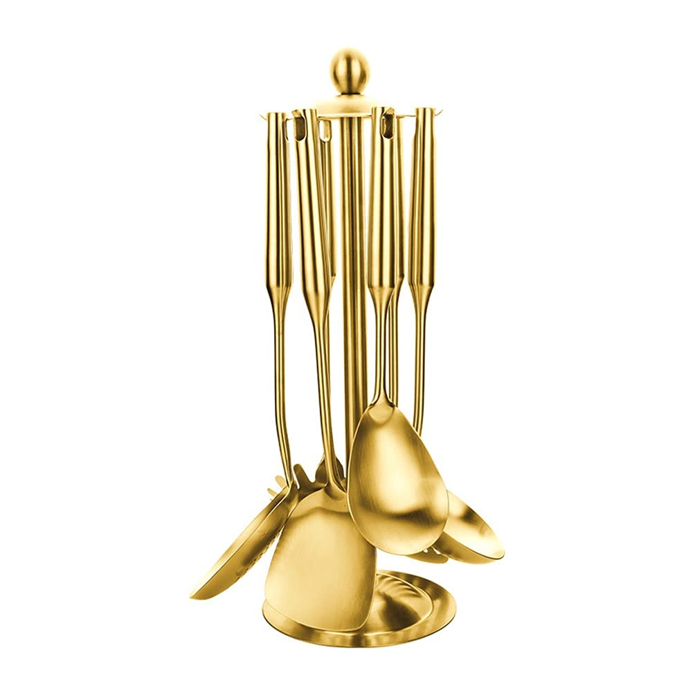 7-Piece Gold Stainless Steel Soup Spoons Set with Stand - Elegant Kitchen Utensils for Cooking, Serving & Dining | Perfect for Home, Restaurant & Catering Use