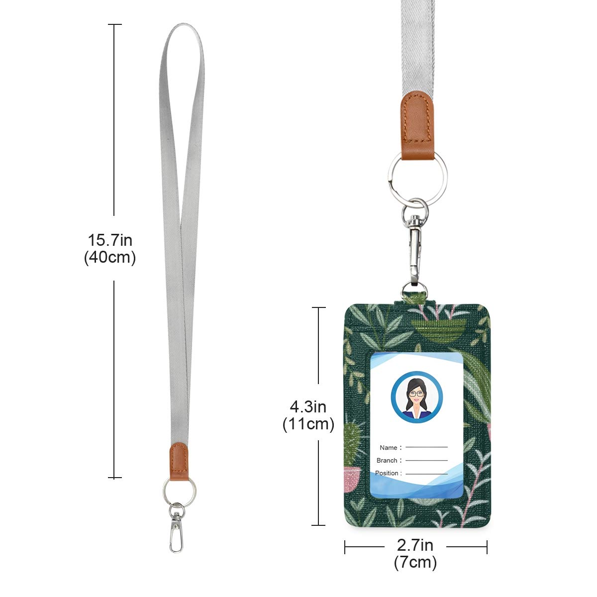 VIKKO Green Plants Leaves Badge Holder - PU Leather ID Card Case Wallet with Neck Lanyard & Key Ring - Perfect for Office, School, Events and Conventions