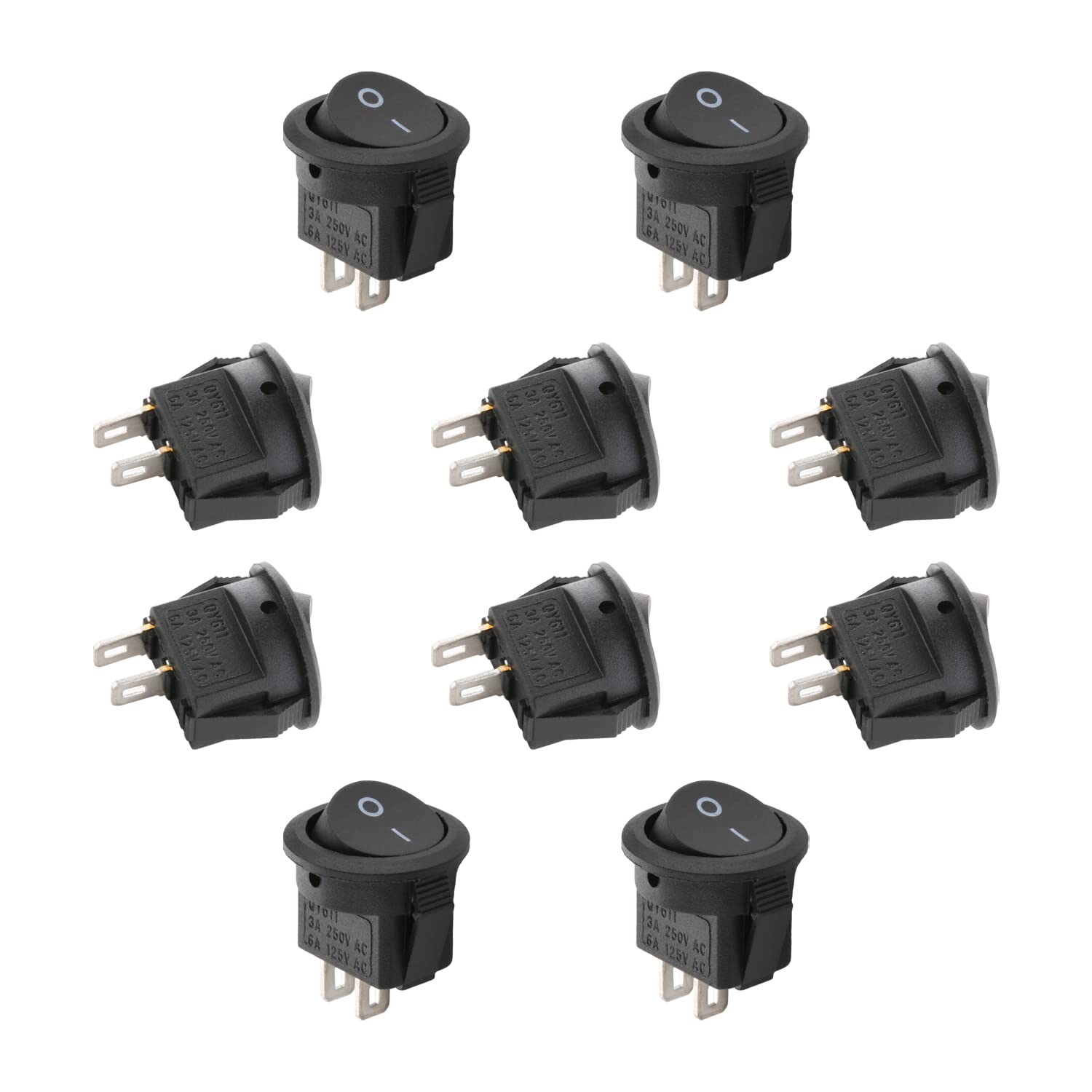 Fielect 10Pcs SPST 2 Position On/Off Round Rocker Toggle Switch - 2 Terminal, AC 125V/6A 250V/3A, Black Boat Switch for Marine, Automotive & Industrial Applications