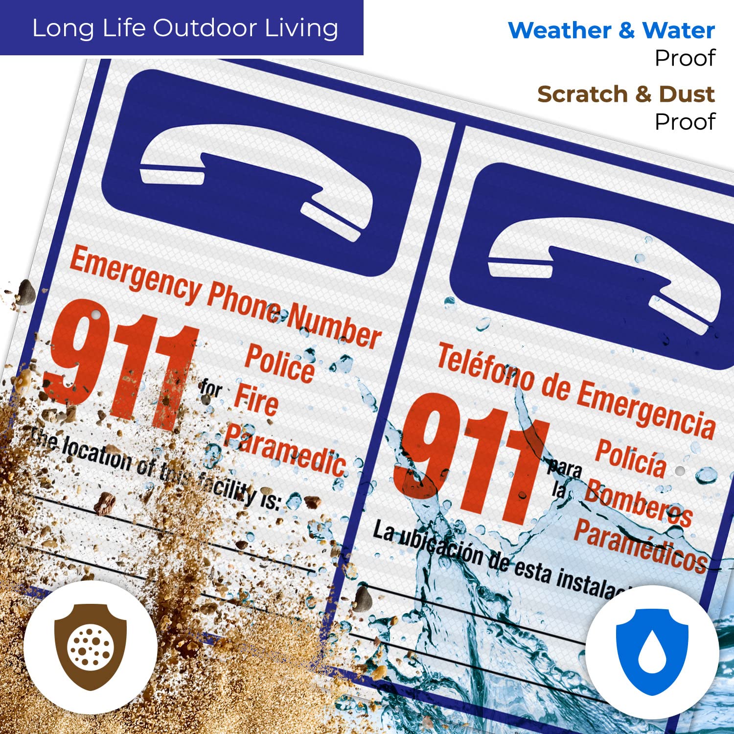 Pool Emergency Phone Number Sign - Bilingual English/Spanish - 24x30 Inches - 3M EGP Reflective .080 Aluminum - Fade Resistant - Made in USA - Perfect for Public Pools, Water Parks & Community Swimming Areas