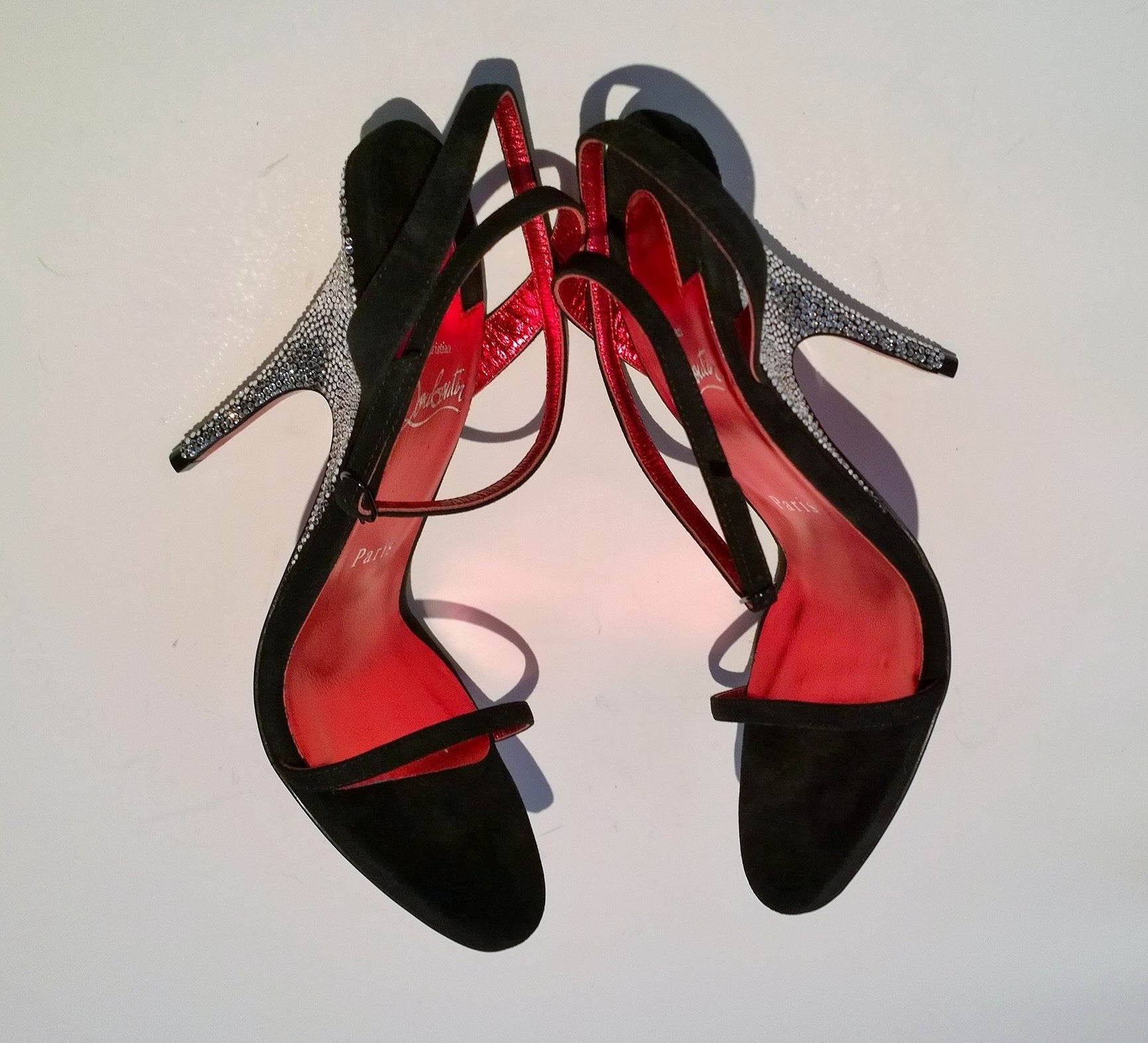Christian Louboutin Arch Queen 100 Black Suede Rhinestone Sandals Heels for Women - Luxury High Heels for Evening Parties, Weddings & Special Occasions