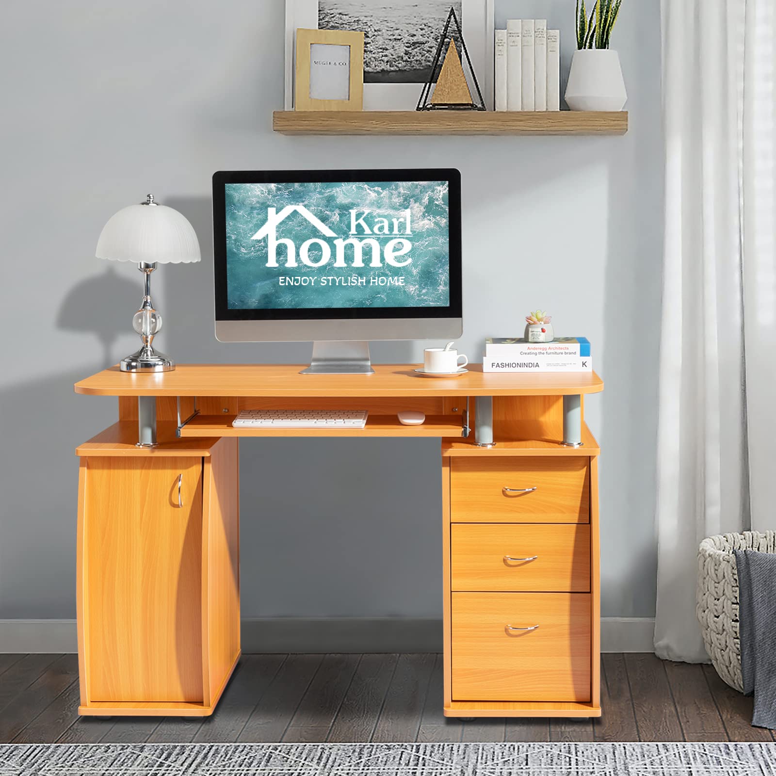 Karl Home Computer Desk with Drawers & Storage Cabinet - Small Office Desk PC Laptop Workstation for Home Office, Studio, Apartment | Wooden Study Table for Remote Work, Online Classes & Gaming Setup