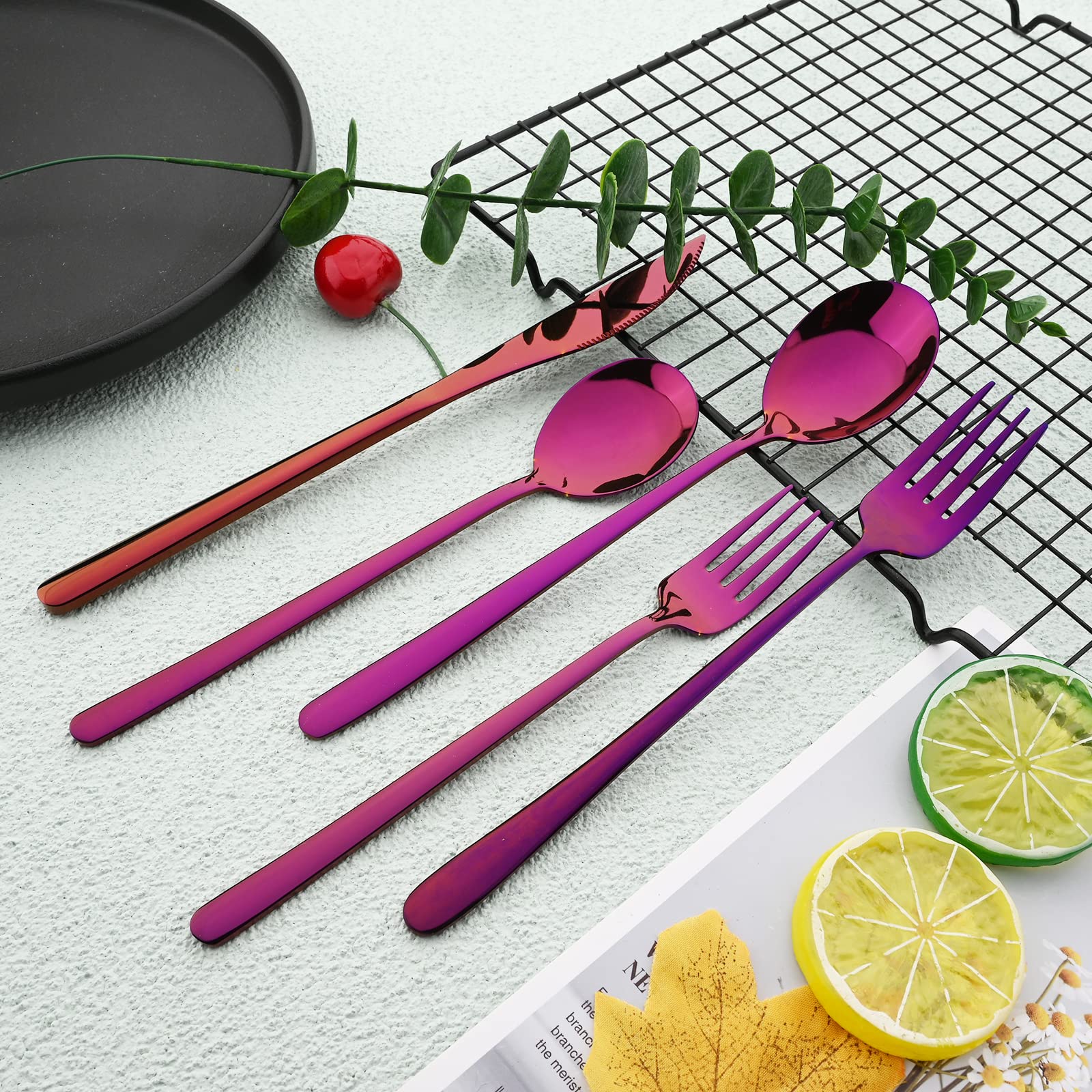 30-Piece Korean Style Silverware Set - Reusable SUS304 Stainless Steel Forks & Spoons, Mirror Finish, Dishwasher Safe - Purple | Elegant Flatware for Home Dining, Picnics, and Party Supplies