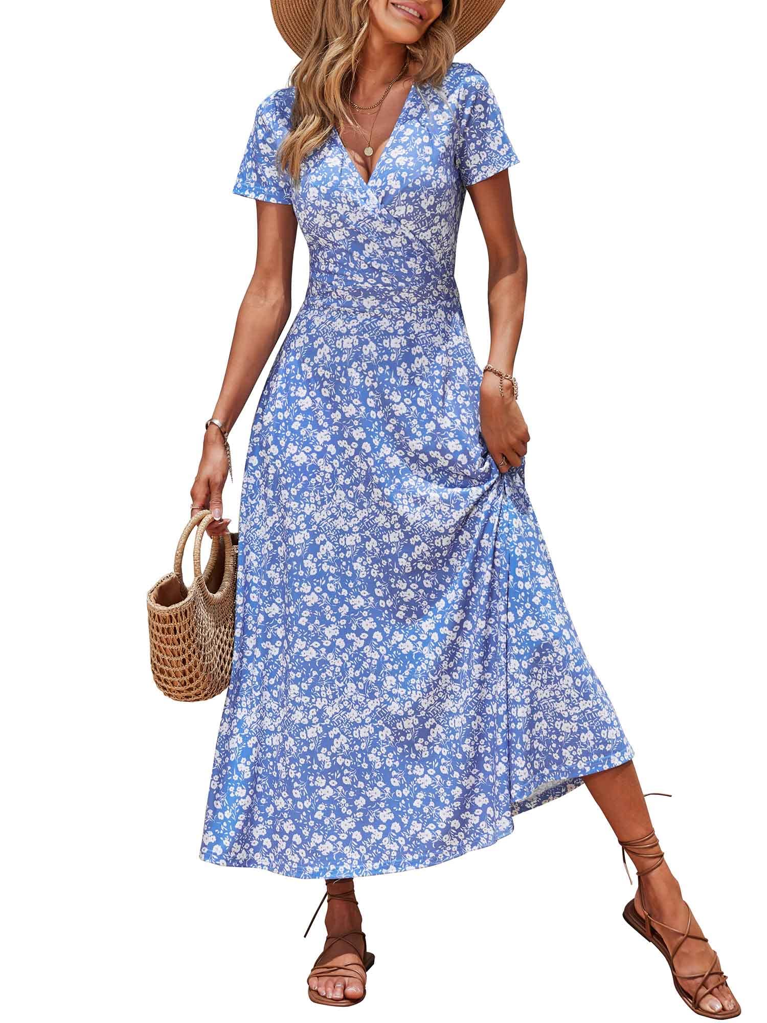 HUHOT Women's Short Sleeve Wrap V-Neck Floral Maxi Dress with Pockets - Elegant Wedding Guest Dress for Summer, Beach Vacations & Special Occasions