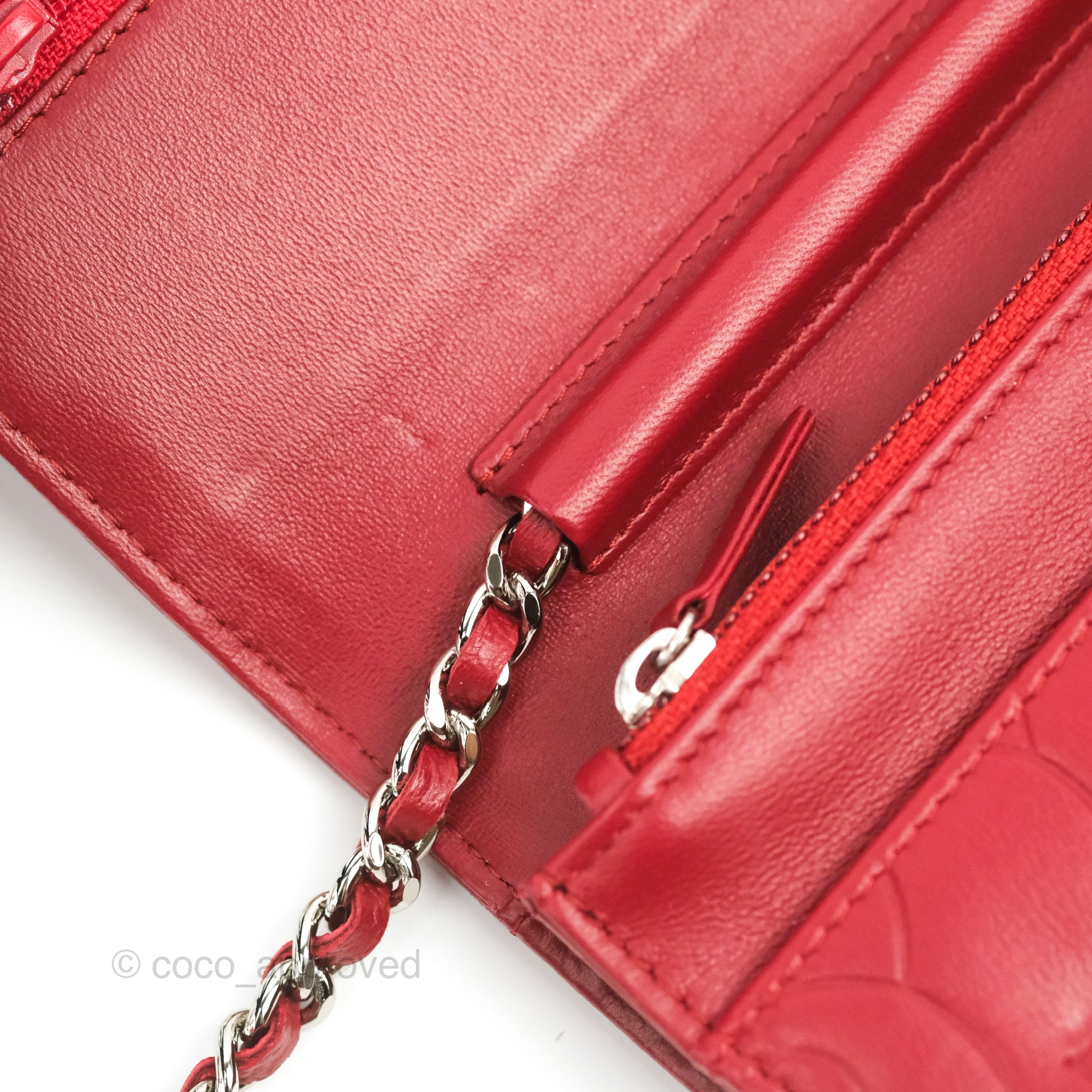 Chanel Camellia Embossed Wallet on Chain WOC in Red Lambskin with Silver Hardware - Luxury Crossbody Bag for Women, Perfect for Evening Events & Date Nights