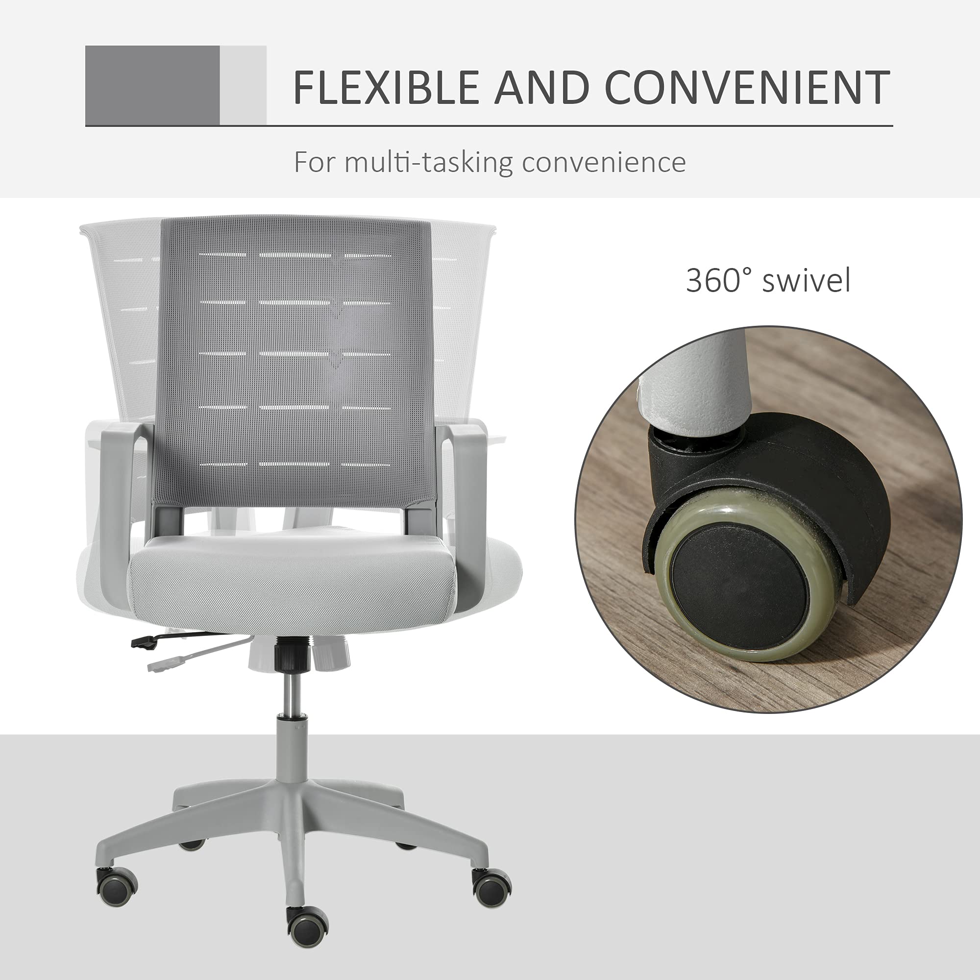 Vinsetto Ergonomic Mid-Back Home Office Chair with Adjustable Height & Lumbar Support - Comfortable Computer Desk Chair for Work from Home, Gaming & Study - Grey Mesh Task Chair