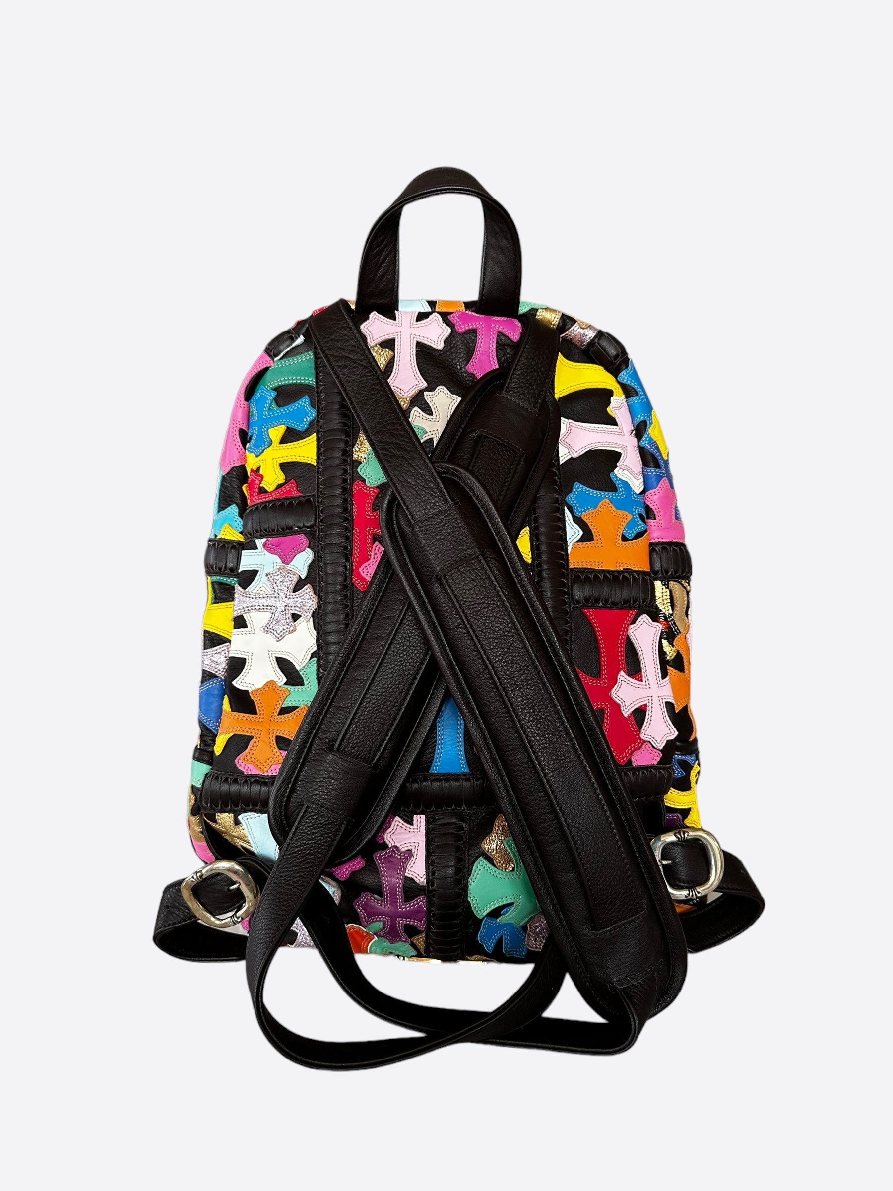 Chrome Hearts Black Multicolor Cross Patch Leather Backpack for Women & Men - Stylish Gothic Fashion Accessory for Travel, School & Daily Use