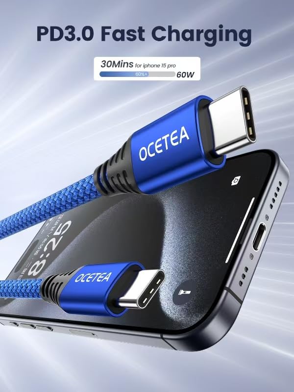 Ocetea USB-C Charger Cable 2-Pack (6.6ft) - 3.1A Fast Charging Cord for iPhone 15/15 Pro/15 Max, MacBook Pro, iPad Pro, Galaxy S24/S23 Ultra, Pixel - Perfect for Home, Office & Travel Charging