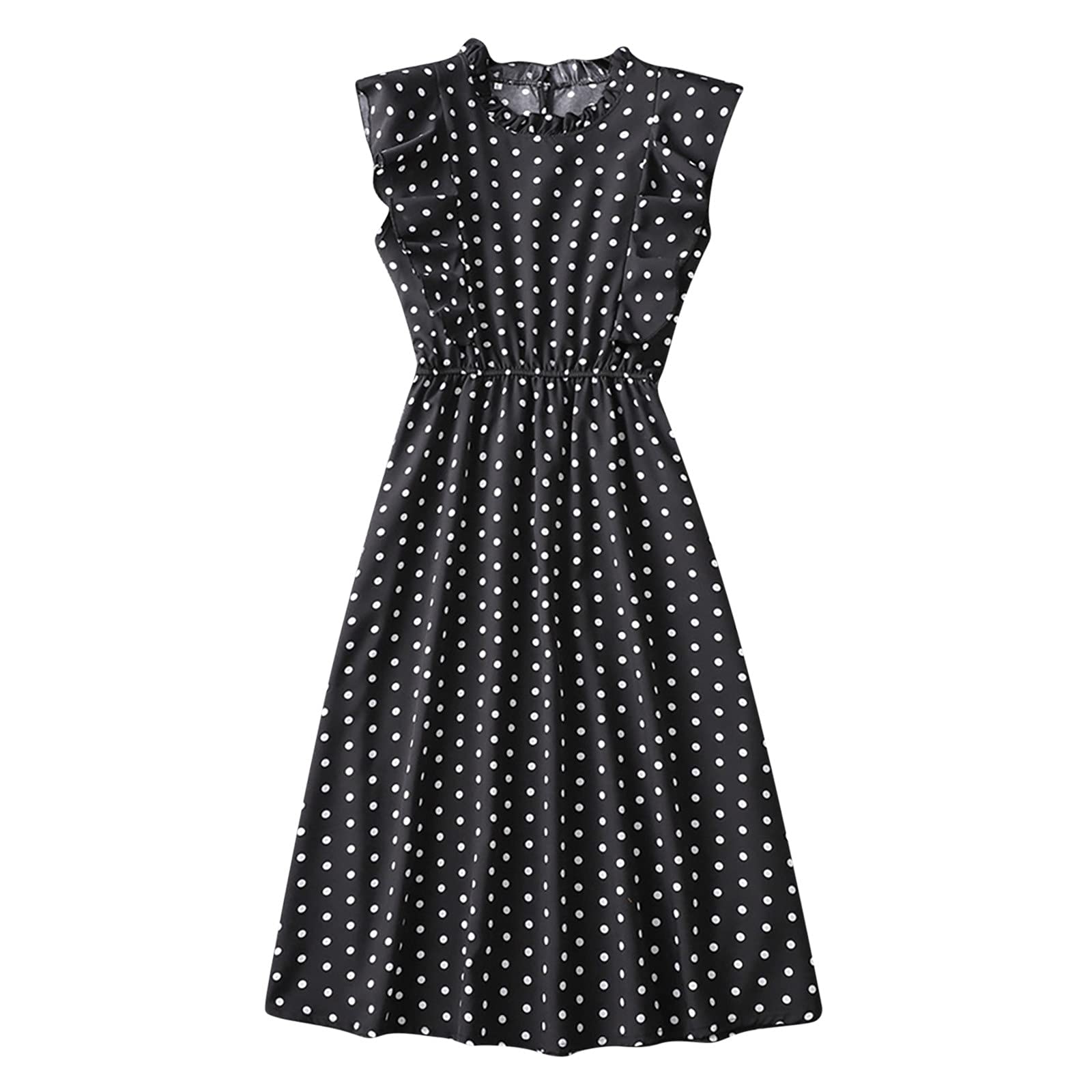 Women's Flowy Summer Dresses - Beach Swing Dress with Dot Print, Ruffled Short Sleeves & O-Neck | Perfect for Vacations, Pool Parties & Casual Outings