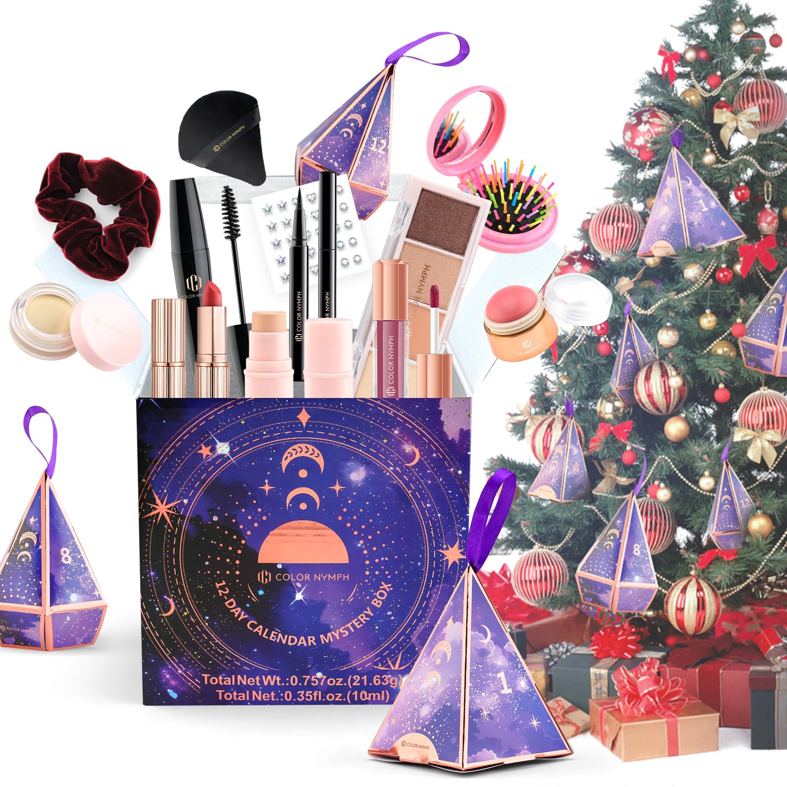 12PCS Color Nymph Makeup Mystery Box Set - Christmas Tree Decorations & Xmas Gift for Teen Girls (Includes Eyeshadow, Lipstick, Mascara & Tools) - Purple | Perfect for Holiday Gifting, Party Favors & Beauty Surprises