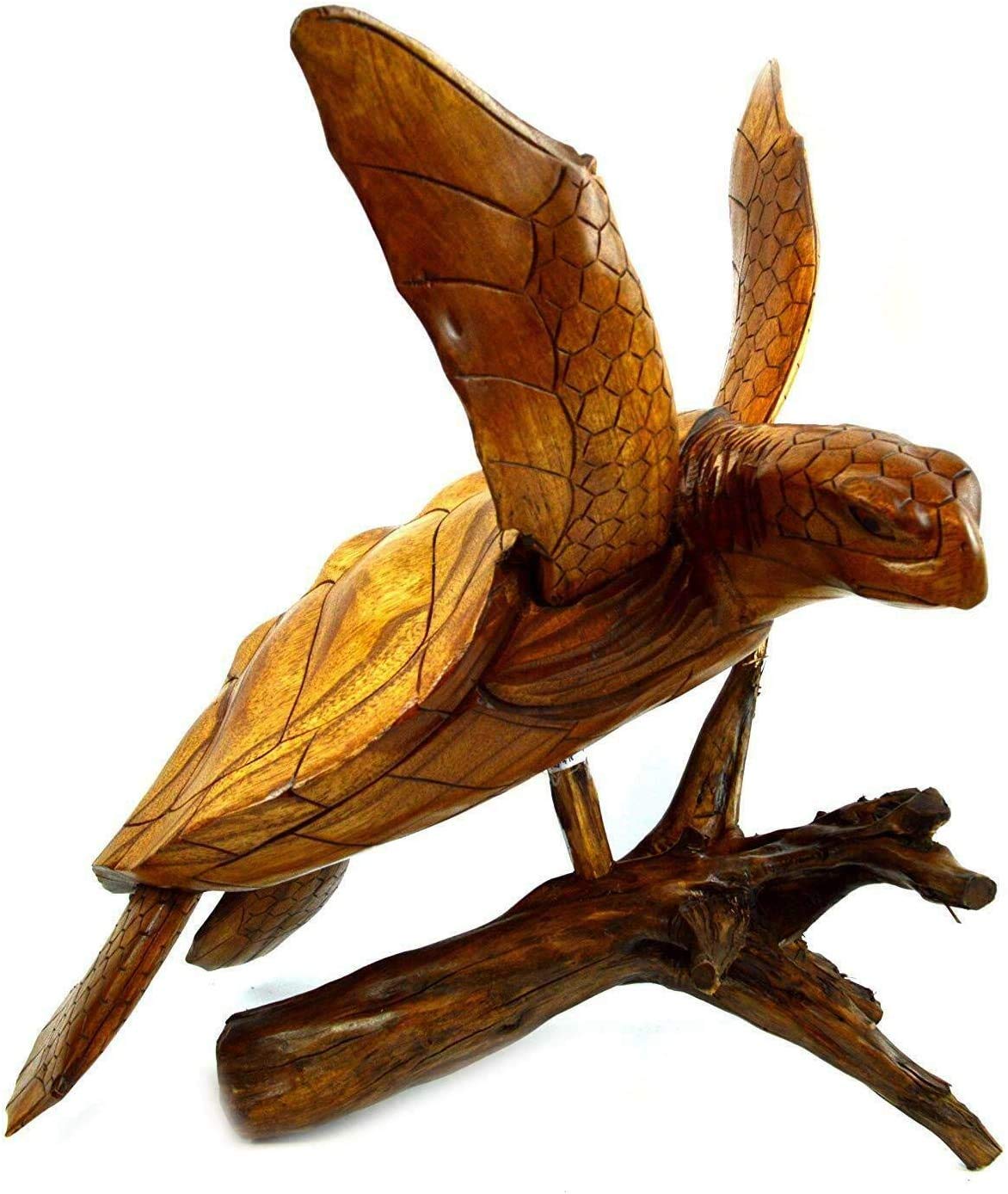 Hand Carved Mahogany Wood Turtle Statue - Unique Ocean Coral Decor, Large Handmade Turtle Sculpture for Home, Office & Beach House Decor