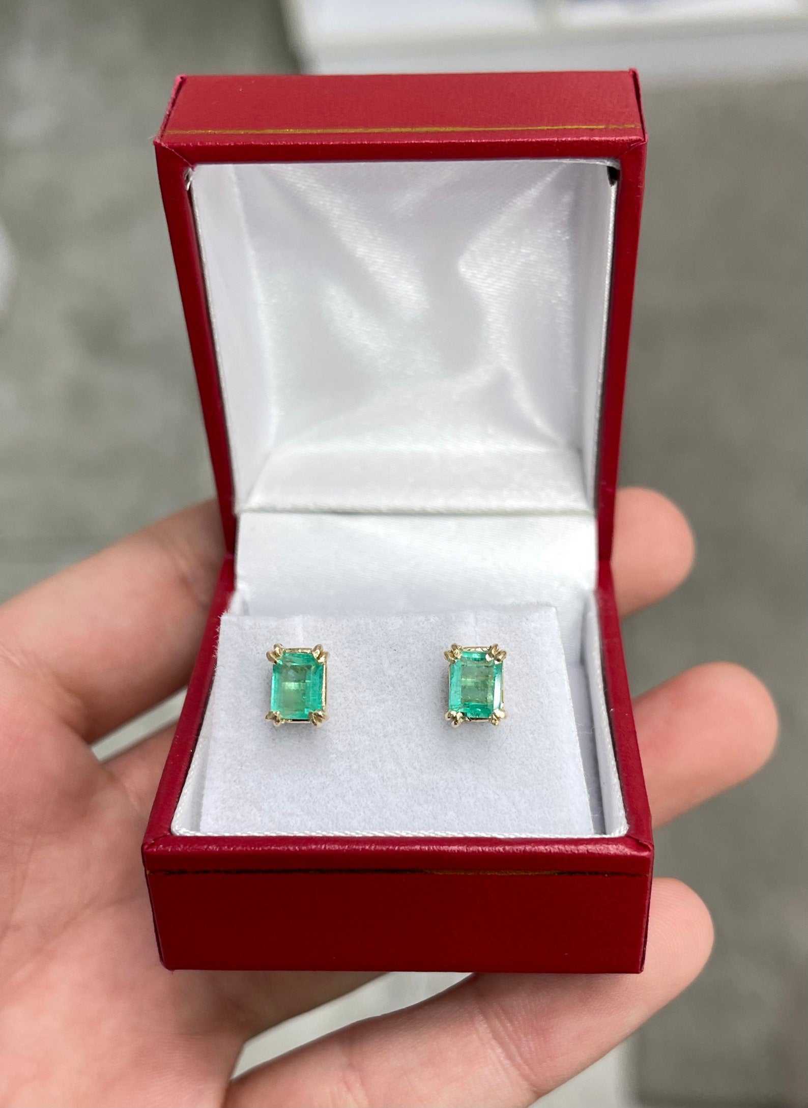 14K Gold Medium Green Colombian Emerald Stud Earrings - 1.62tcw Double Prong Setting for Women, Perfect for Weddings, Parties & Special Occasions