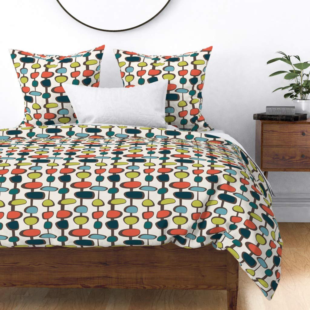 Premium Spoonflower Cotton Sateen Duvet Cover - King/California King Size - Mid Century Retro Vintage 1950s Geometric Modern Coral Teal Print Custom Bedding Set - Perfect for Boho Chic, Vintage & Modern Bedroom Decor