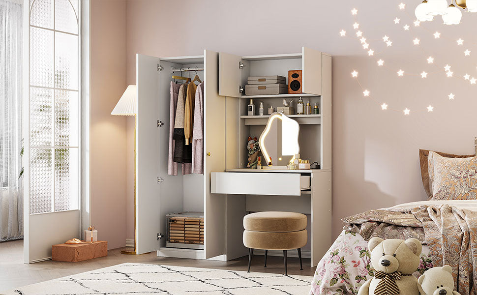 White 2-Door Wooden Storage Vanity Wardrobe with Makeup Mirror & Drawers - Bedroom Organizer for Clothes, Jewelry & Cosmetics | Perfect for Small Spaces & Master Bedrooms