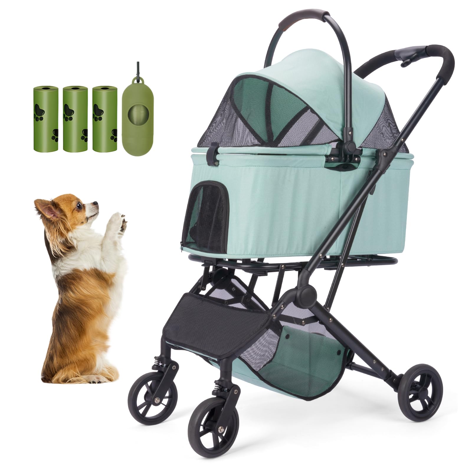 **Wedyvko 3-in-1 Pet Stroller for Medium Dogs & Cats - Upgraded Shock-Absorbing Frame, Zipperless Entry, Storage Basket & Pouch - Includes Dog Poop Bags & Dispenser (Teal Blue) - Perfect for Walks, Travel & Vet Visits**