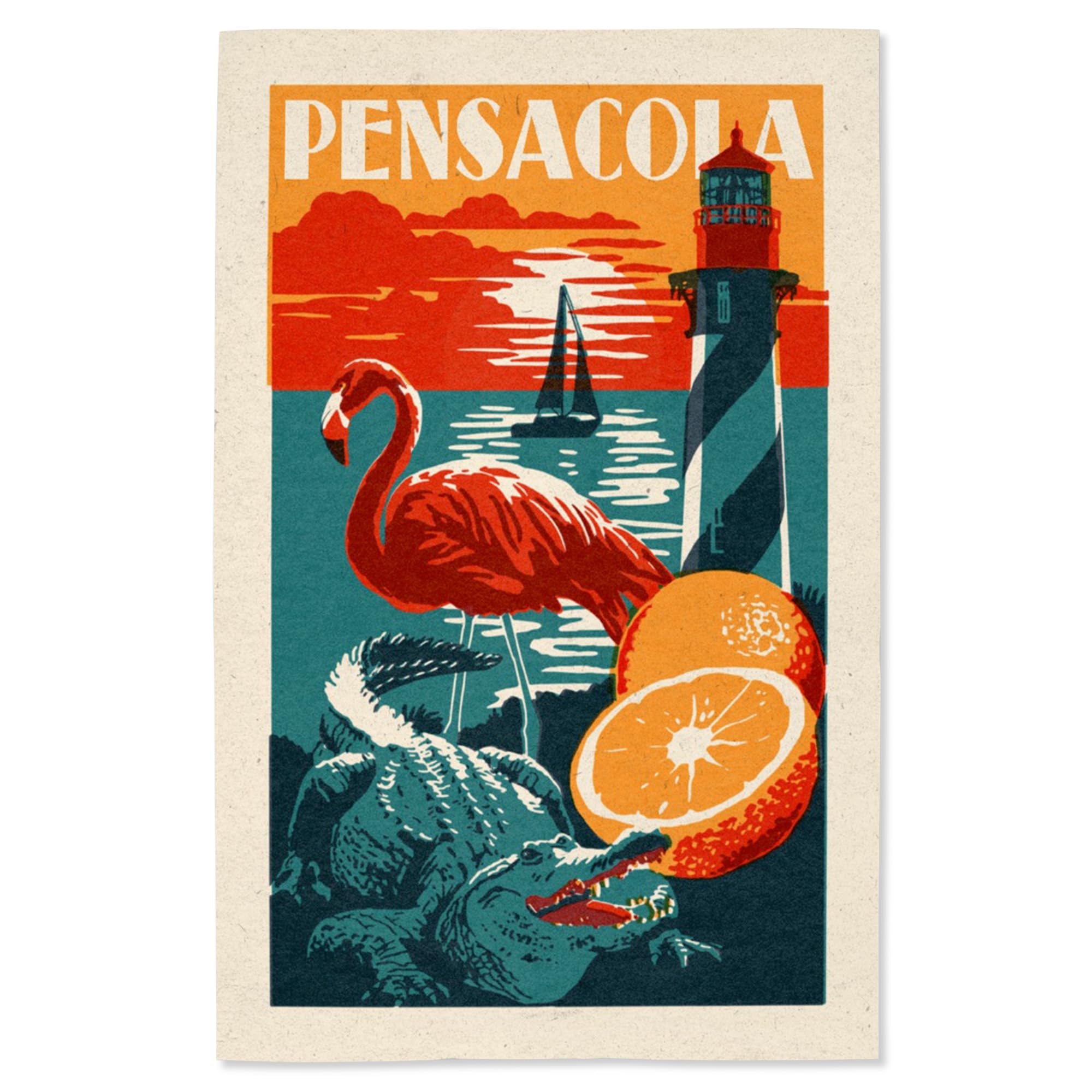 Lantern Press 16x24 Inch Giclee Art Print - Pensacola Florida Woodblock Wall Decor | Coastal Home Decor, Beach House Art, Living Room Wall Art