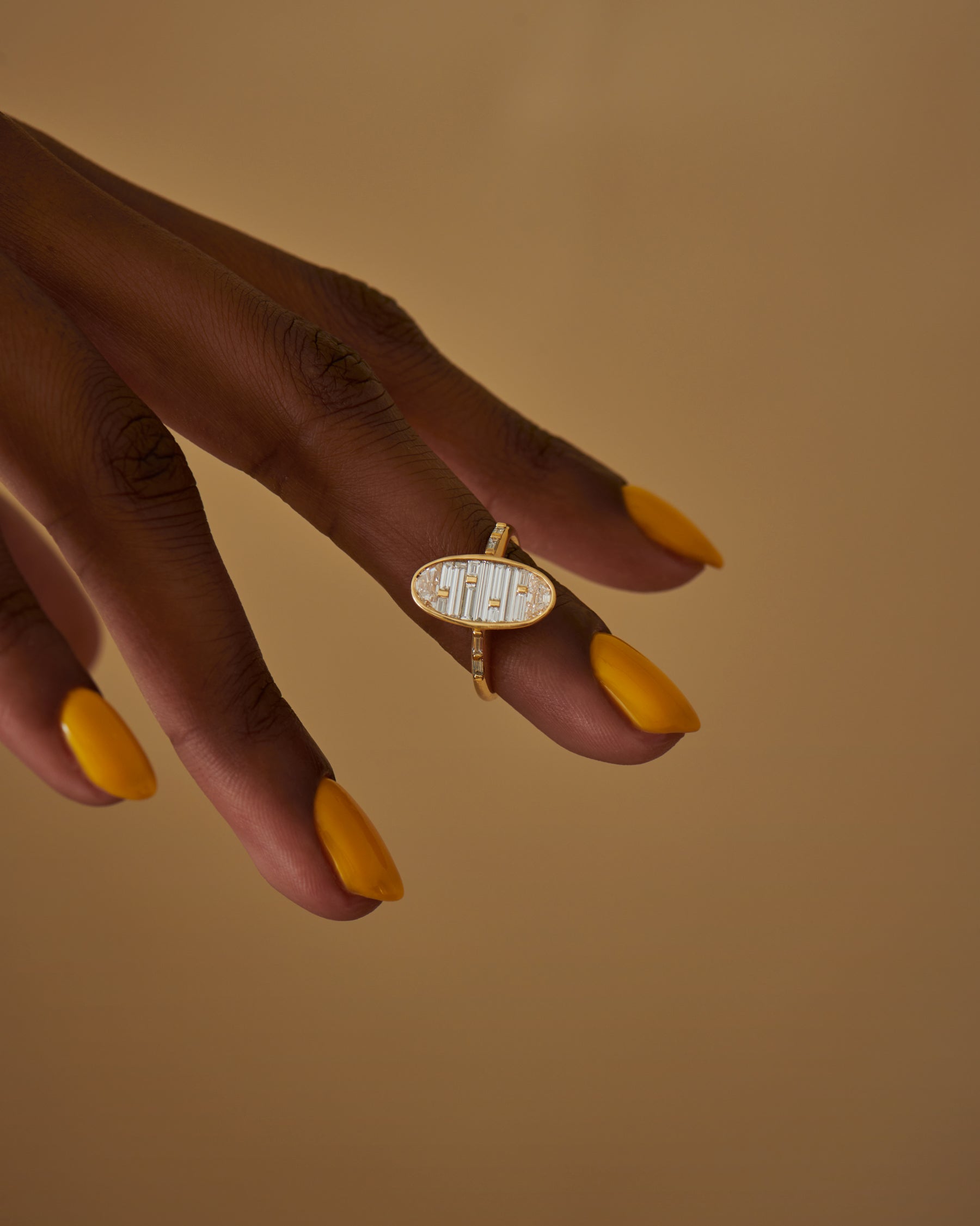 Golden Vessel Engagement Ring with Half Moon & Baguette Diamonds - Elegant Wedding Jewelry for Proposals, Anniversaries & Special Occasions