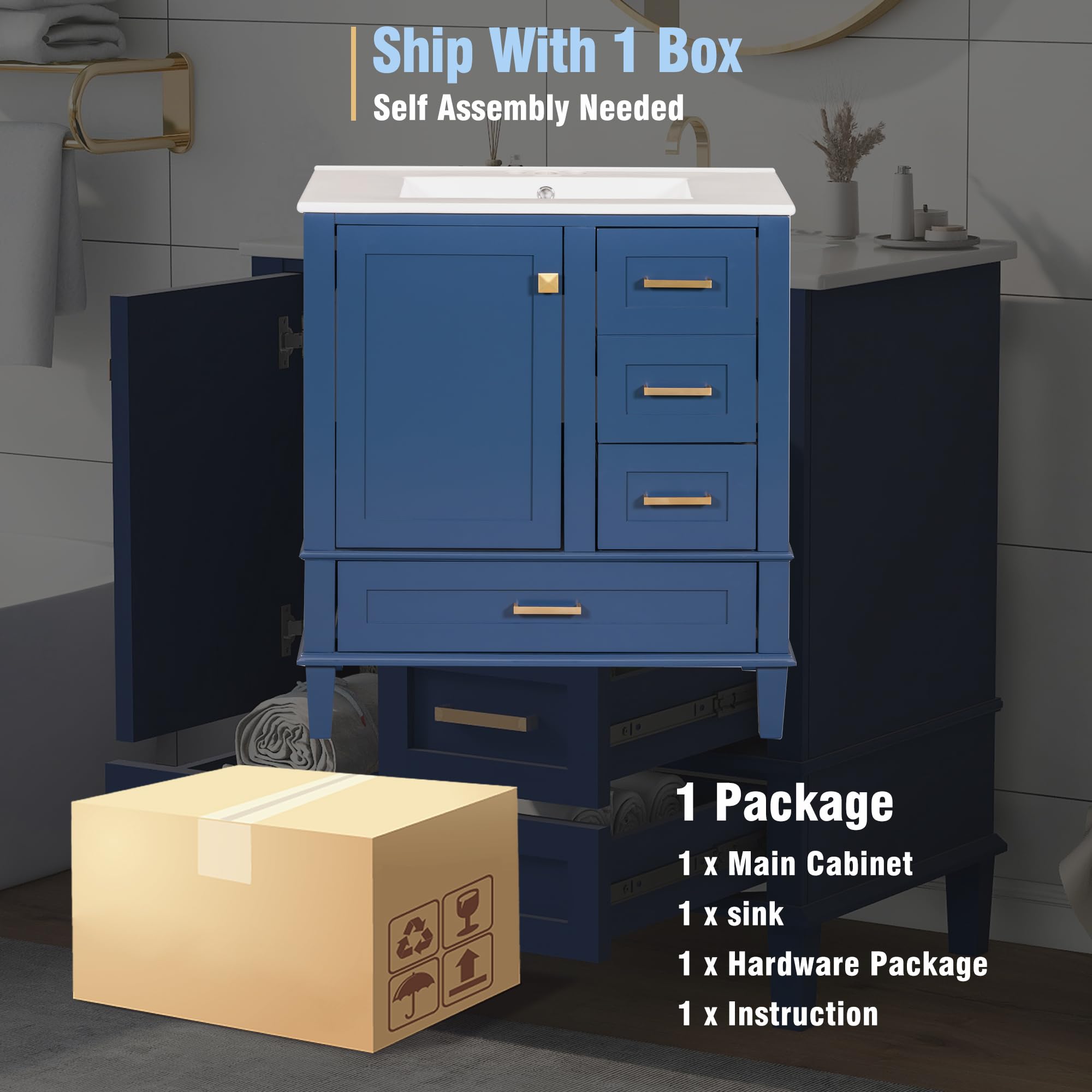 **30-inch Navy Blue Bathroom Vanity with Sink - Solid Wood Cabinet, 2 Drawers + 1 Tip-Out Drawer, Soft-Close Doors, Easy Assembly - Perfect for Modern & Coastal Bathroom Decor**