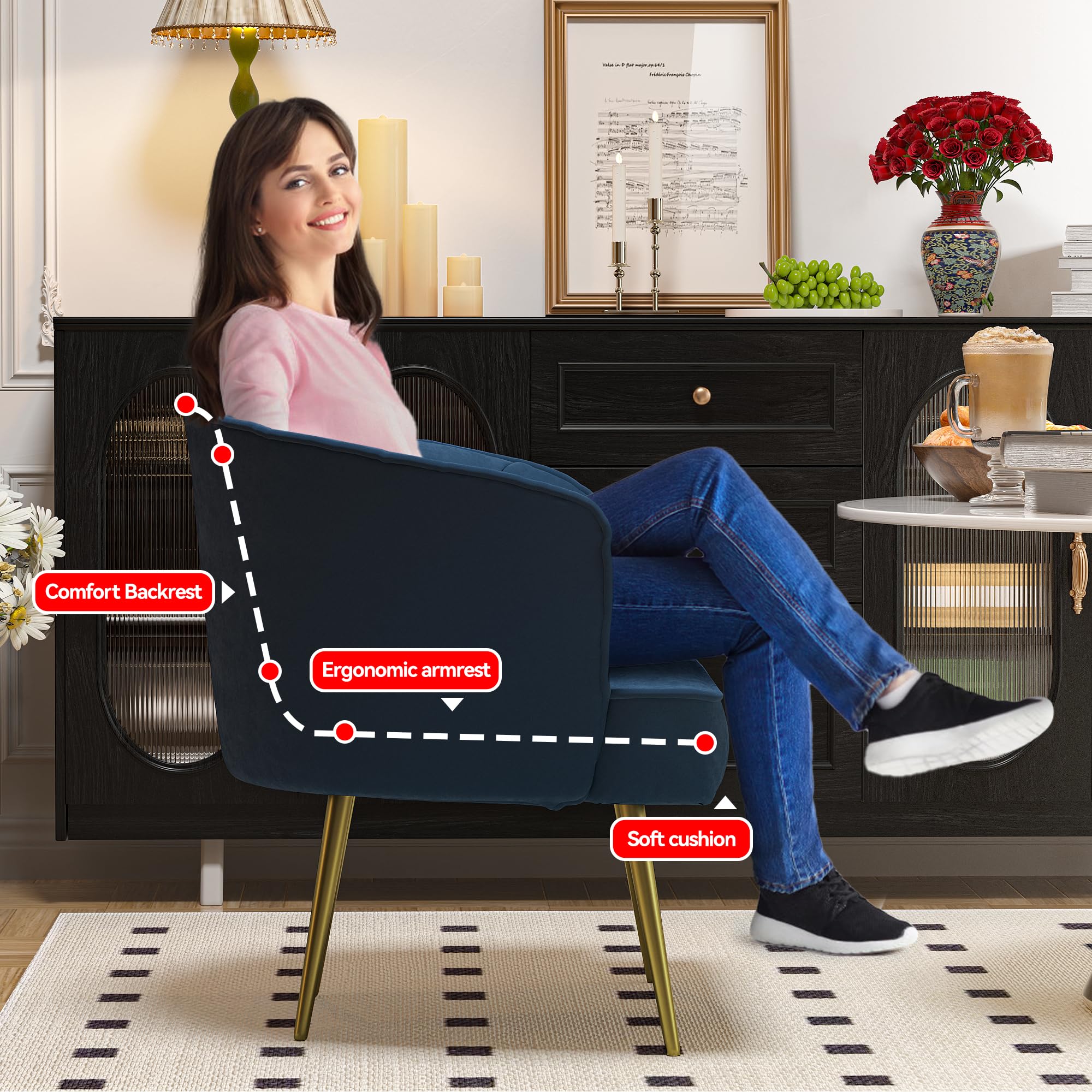 Modern Velvet Lounge Chair with Golden Metal Legs - Blue Accent Side Chair for Living Room, Bedroom, Dressing Room & Home Office - Perfect for Relaxing, Reading & Decorating Your Space