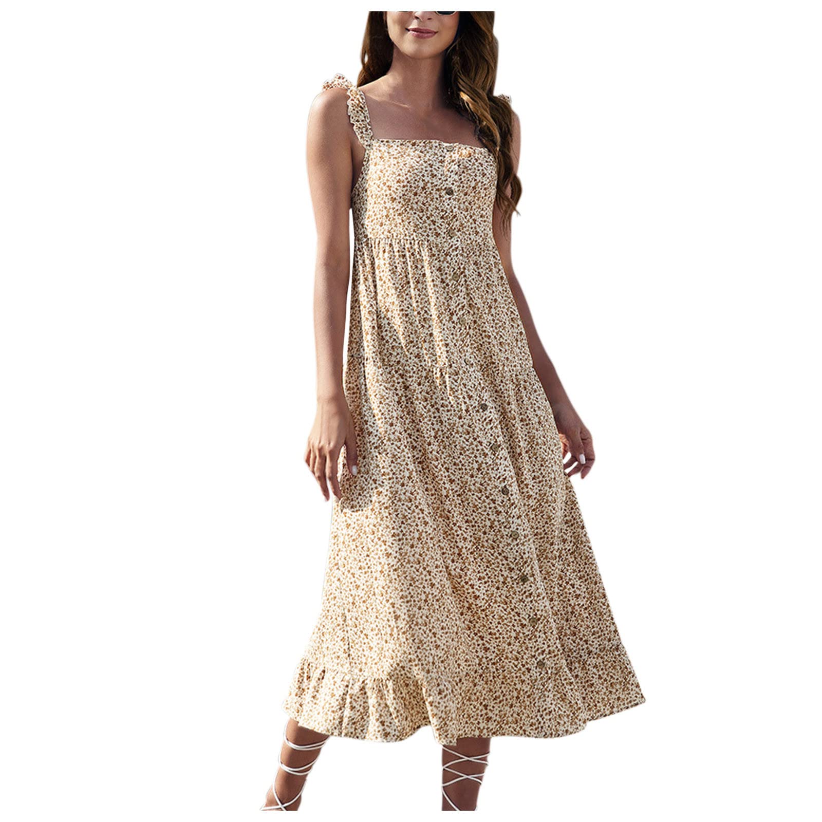 Boho Floral Print Women's Summer Midi Dress - Sleeveless Ruffle Button Down Casual Flowy Dress for Beach, Vacation & Outdoor Parties