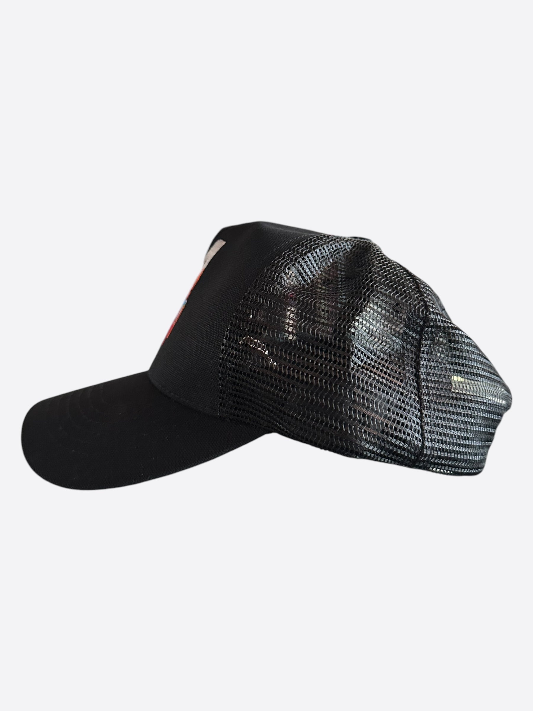 Amiri Black MA Paint Splatter Logo Trucker Hat - Stylish Distressed Baseball Cap for Men & Women - Perfect for Streetwear, Concerts, and Casual Outfits