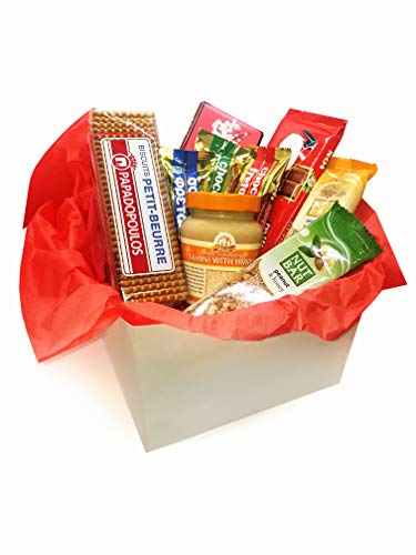 Premium Mediterranean Healthy Gift Basket - Organic Ion Chocolate Bars, Tahini with Honey, Sesame Peanut Nut Bars, Milk Chocolate & Tea Biscuits - Perfect for Holidays, Corporate Gifts & Healthy Snacking