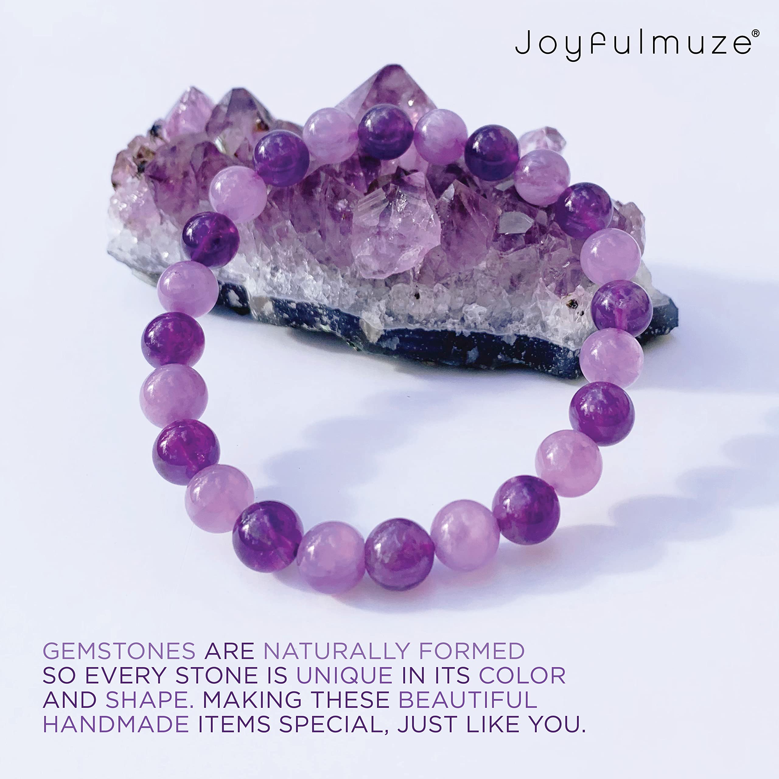 Handmade Stretch Bracelets with Natural Gemstones - Amethyst, Citrine, Rose Quartz, Crystal Quartz, Moonstone, Peridot & Tiger Eye | Adjustable Beaded Bracelet for Women & Men | Perfect for Yoga, Meditation, Gifts & Everyday Wear (Dark + Light Amethyst)