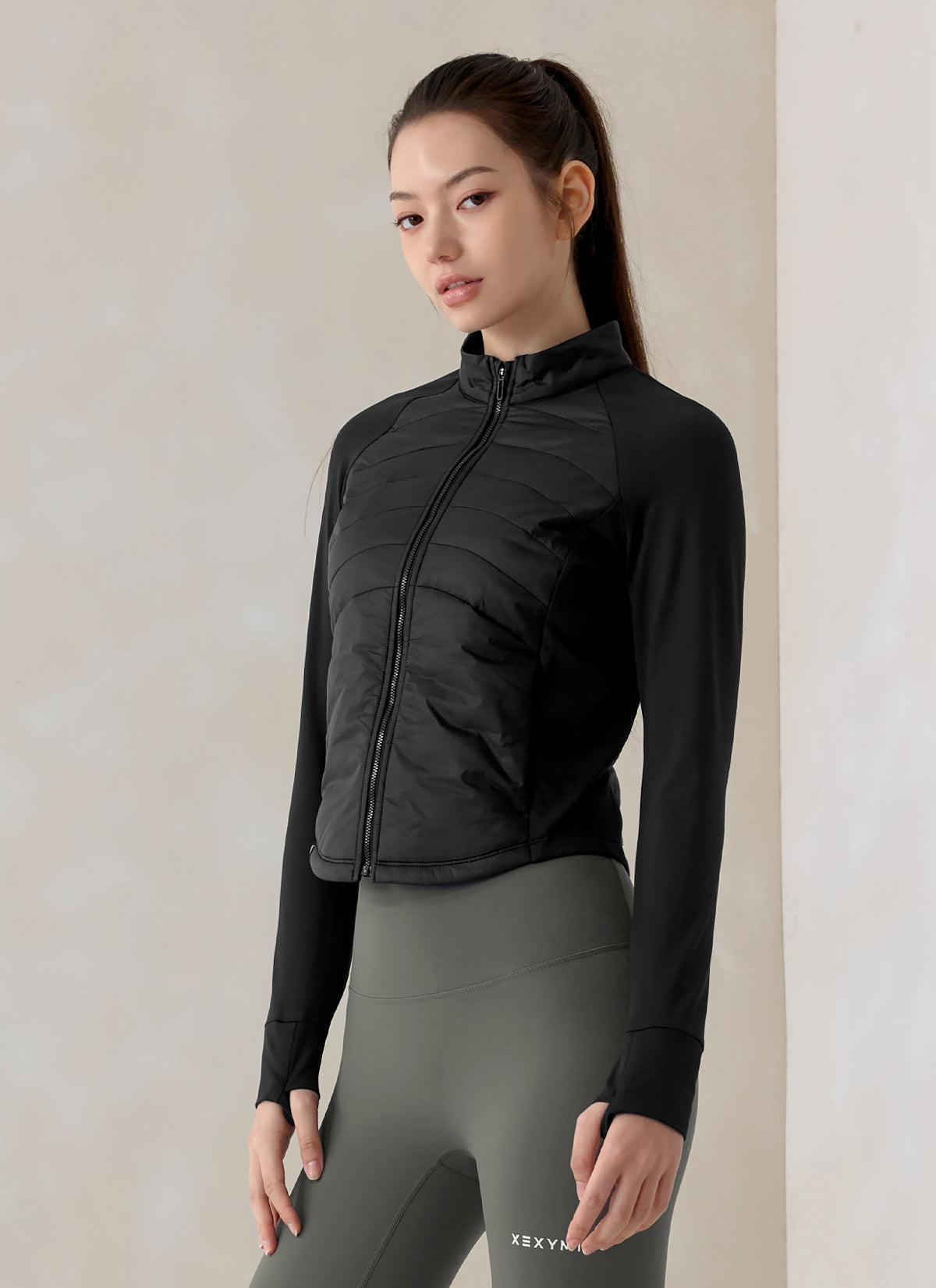 Lightweight Padded Mock Neck Jacket with Finger Hole - Comfortable & Stylish for Outdoor Activities, Hiking, and Casual Wear