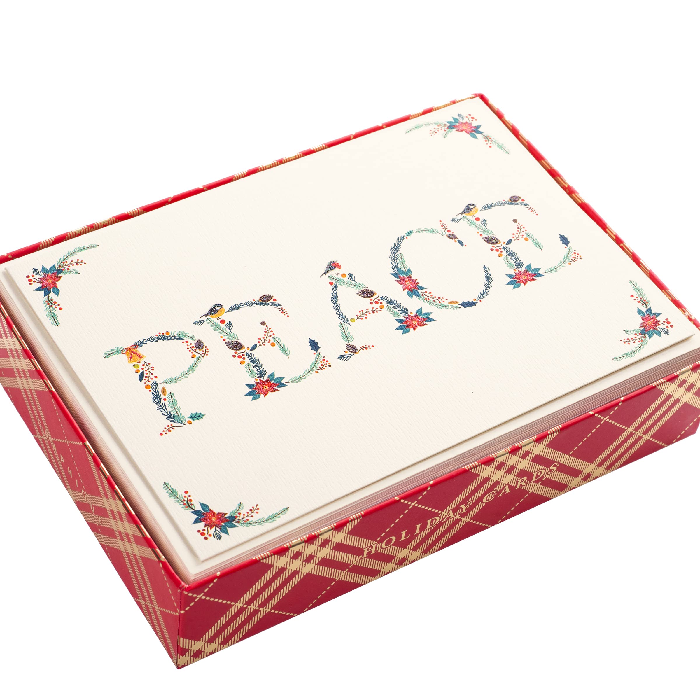 Graphique Peace Foliage Birds Holiday Greeting Cards - Pack of 15 Christmas Cards with Envelopes, Glitter Accents, Boxed Set (4.75
