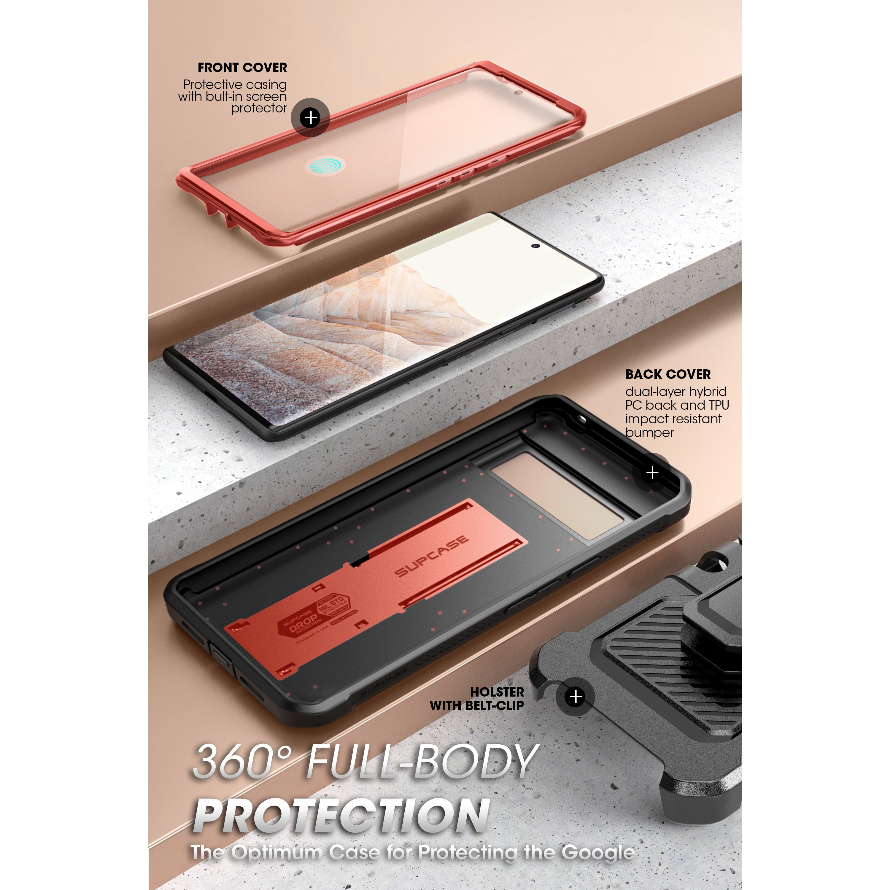 Google Pixel 7 Unicorn Beetle PRO Rugged Holster Case - Shockproof & Drop Protection - Metallic Red (Open Box) - Perfect for Outdoor, Construction & Extreme Sports