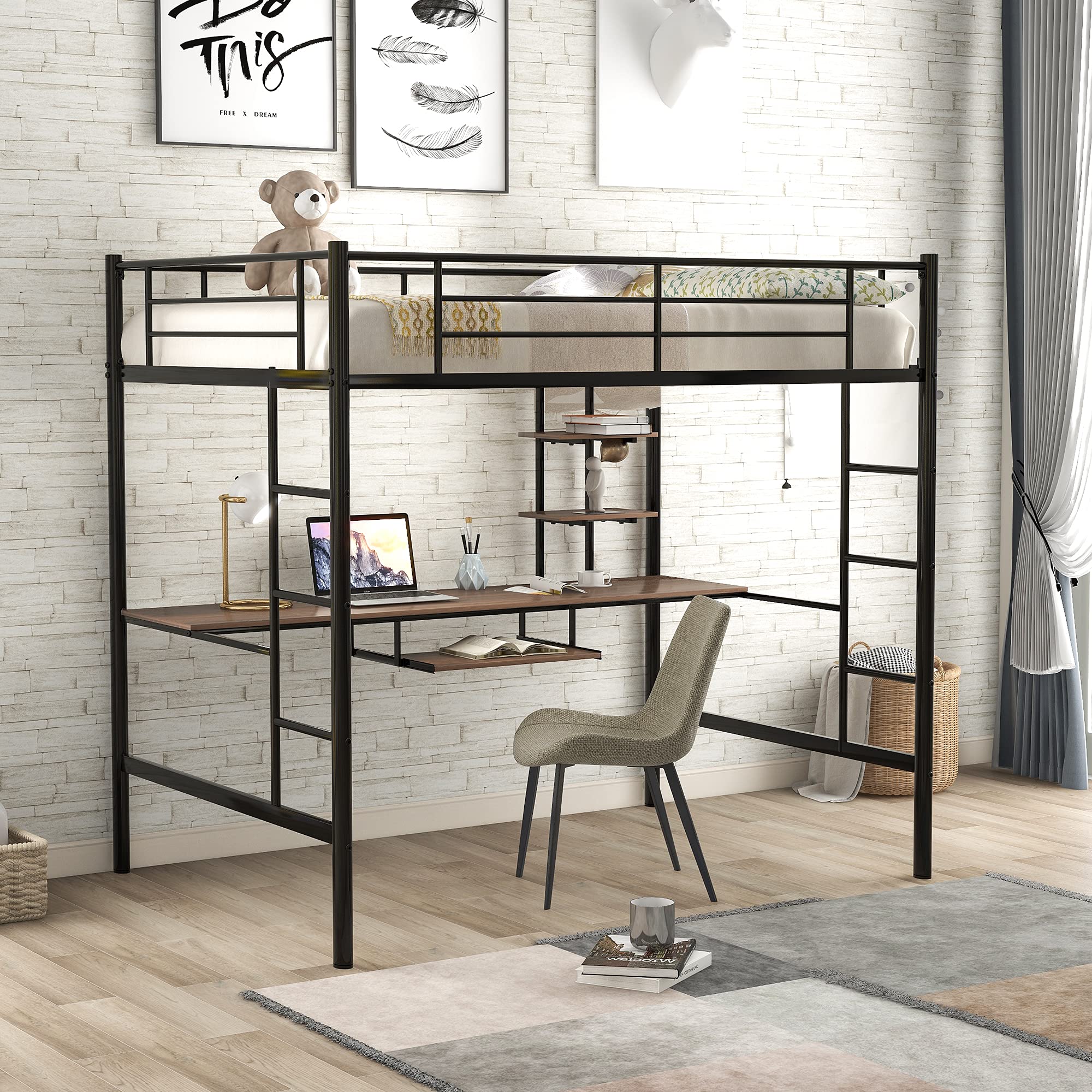 Tmosi Full Size Loft Bed with Built-in Desk & Shelves - Space Saving Metal Bed Frame with Ladder & Safety Rails for Kids & Teens - No Box Spring Required (Black with Storage Tray) - Perfect for Small Bedrooms, Dorm Rooms & Studio Apartments