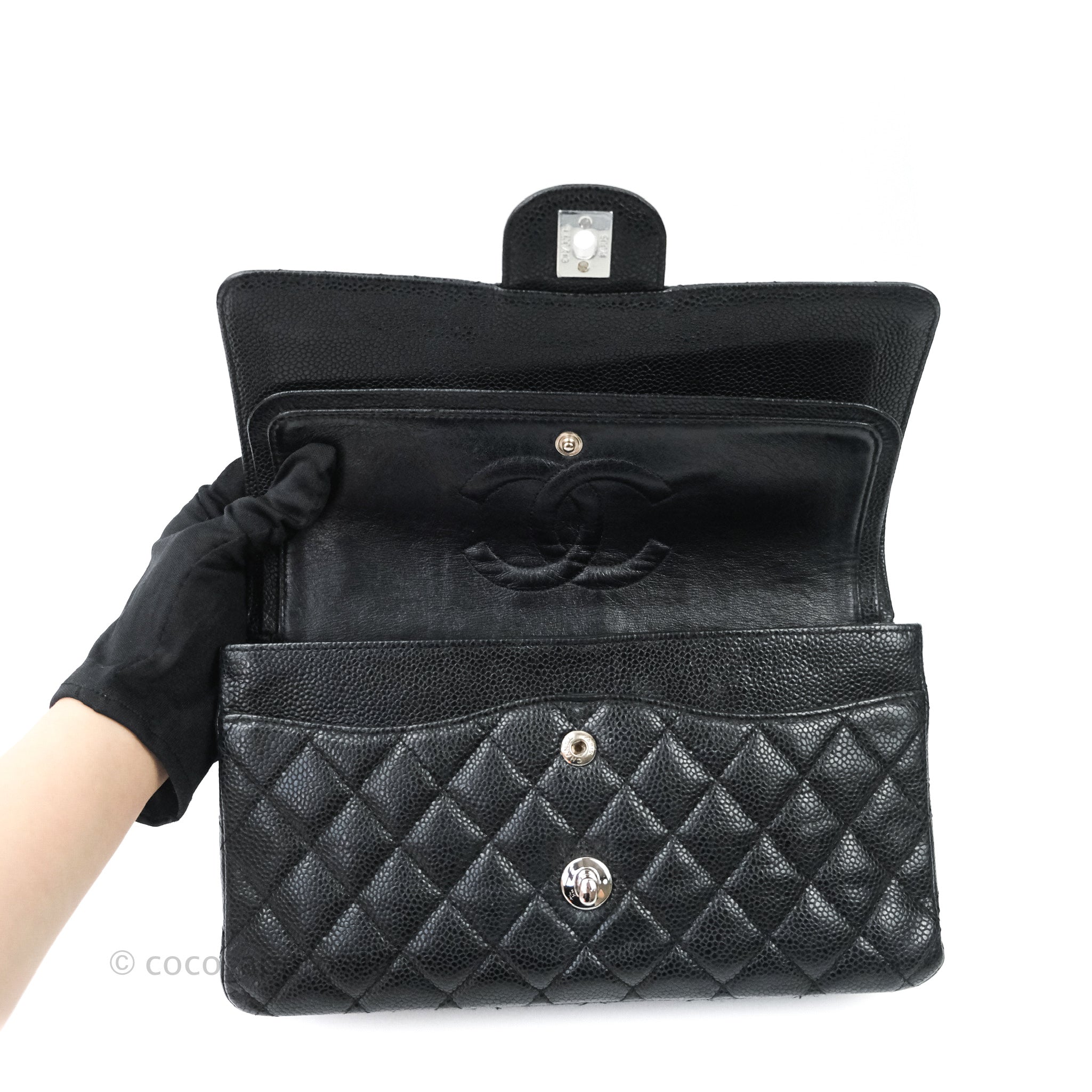 Chanel Classic M/L Medium Double Flap Bag Black Caviar Leather with Silver Hardware - Luxury Designer Handbag for Women, Perfect for Work, Evening Events & Special Occasions