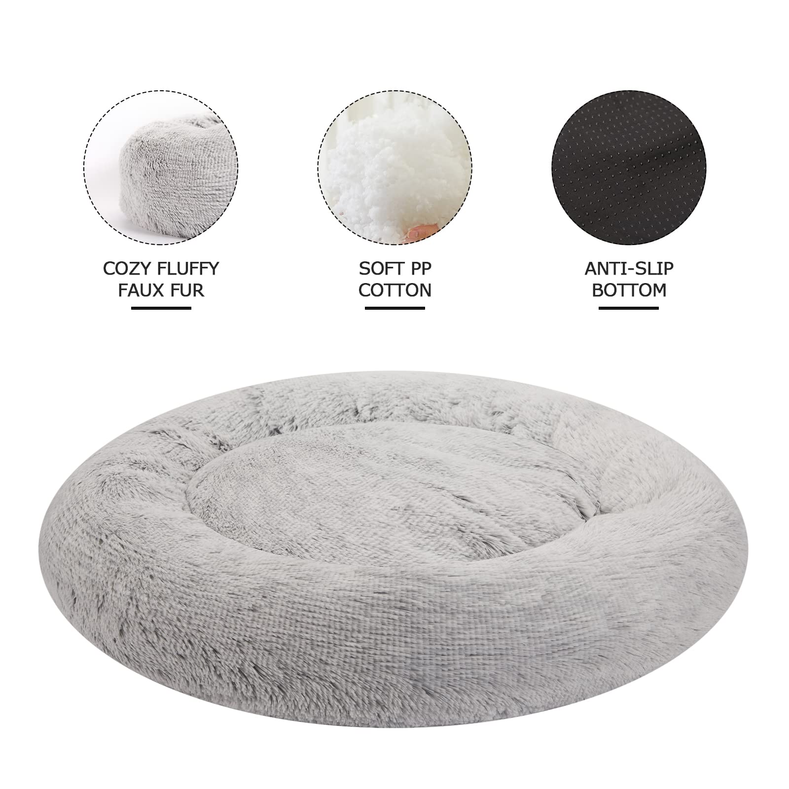 Calming Donut Dog Bed for Extra Large Dogs - 45 Inch Round Plush Anti-Anxiety Pet Bed with Non-Slip Bottom, Washable & Fluffy - Light Grey XL | Perfect for Crate Training, Anxiety Relief & Cozy Napping