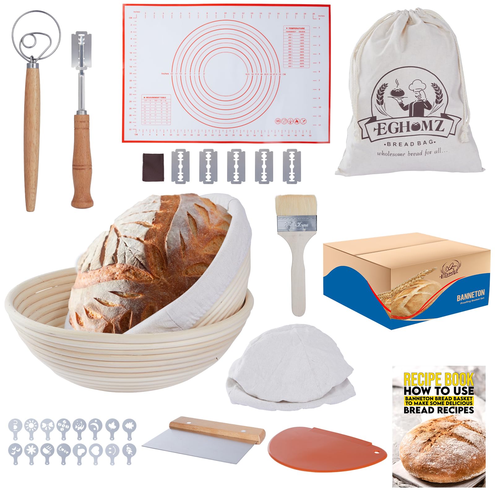 17-Piece Banneton Bread Proofing Basket Set - 9 & 10 Inch Round Sourdough Bread Proofing Baskets with Danish Whisk, Bowl Scraper, Dough Scraper & Bread Lame - Complete Bread Making Kit for Artisan Sourdough, Homemade Bread & Baking Enthusiasts