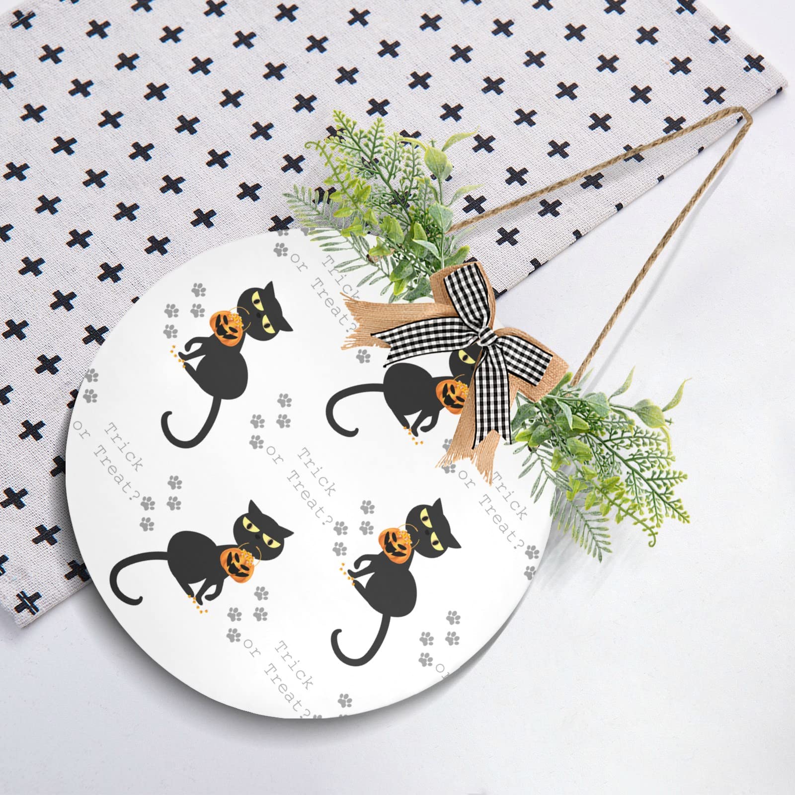 Halloween Black Cat Front Door Round Wood Sign - Candy Corn & Pumpkin Slice Porch Decor, Farmhouse Wreath Wall Hanging Welcome Sign - Perfect for Seasonal Greetings, Holiday Housewarming Gifts & Fall Home Decor