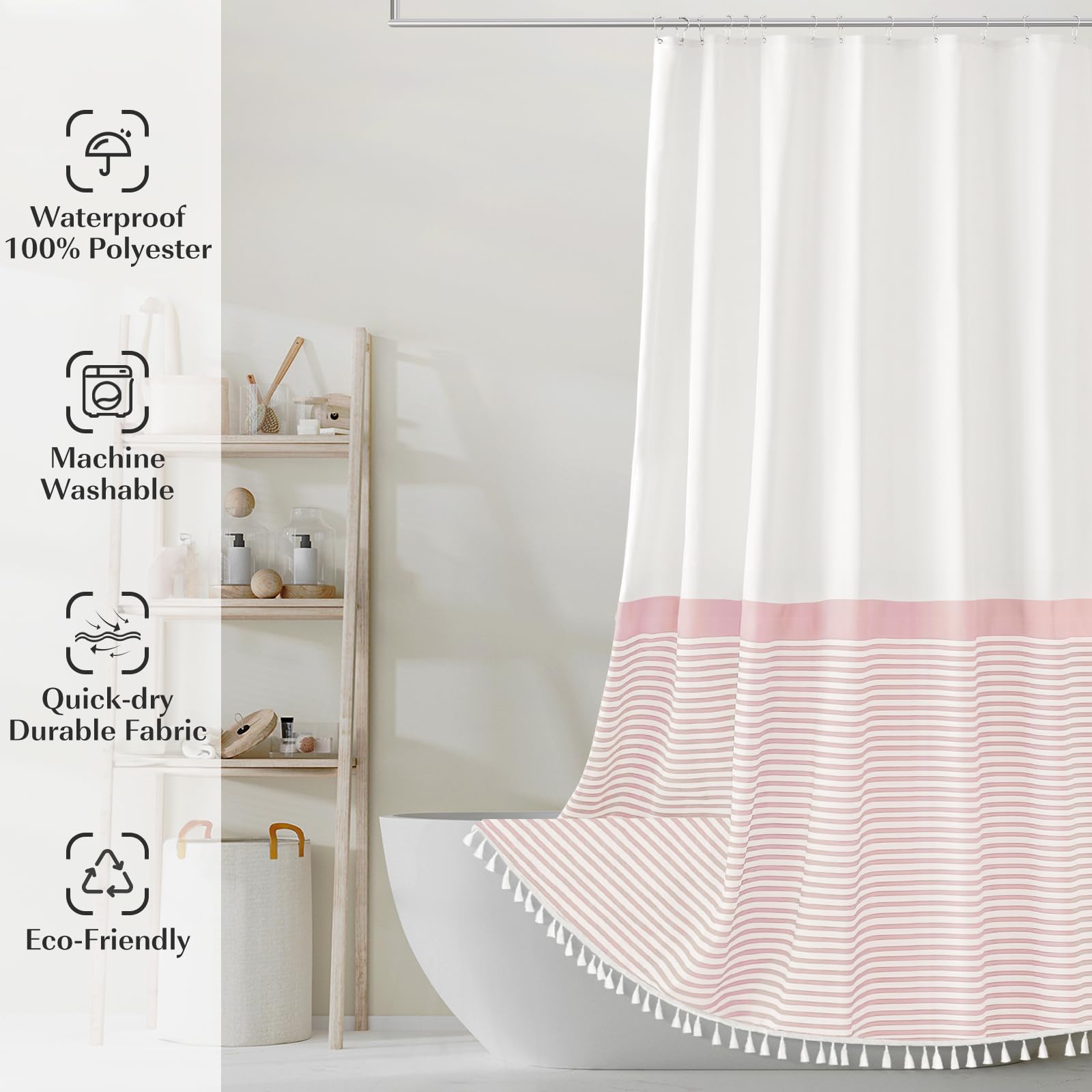 Seasonwood Pink and White Striped Waterproof Shower Curtain with Tassel Trim - 72x84 Inch Long Fabric Bathroom Curtain for Shower Decor - Perfect for Boho, Farmhouse or Modern Bathroom Styles