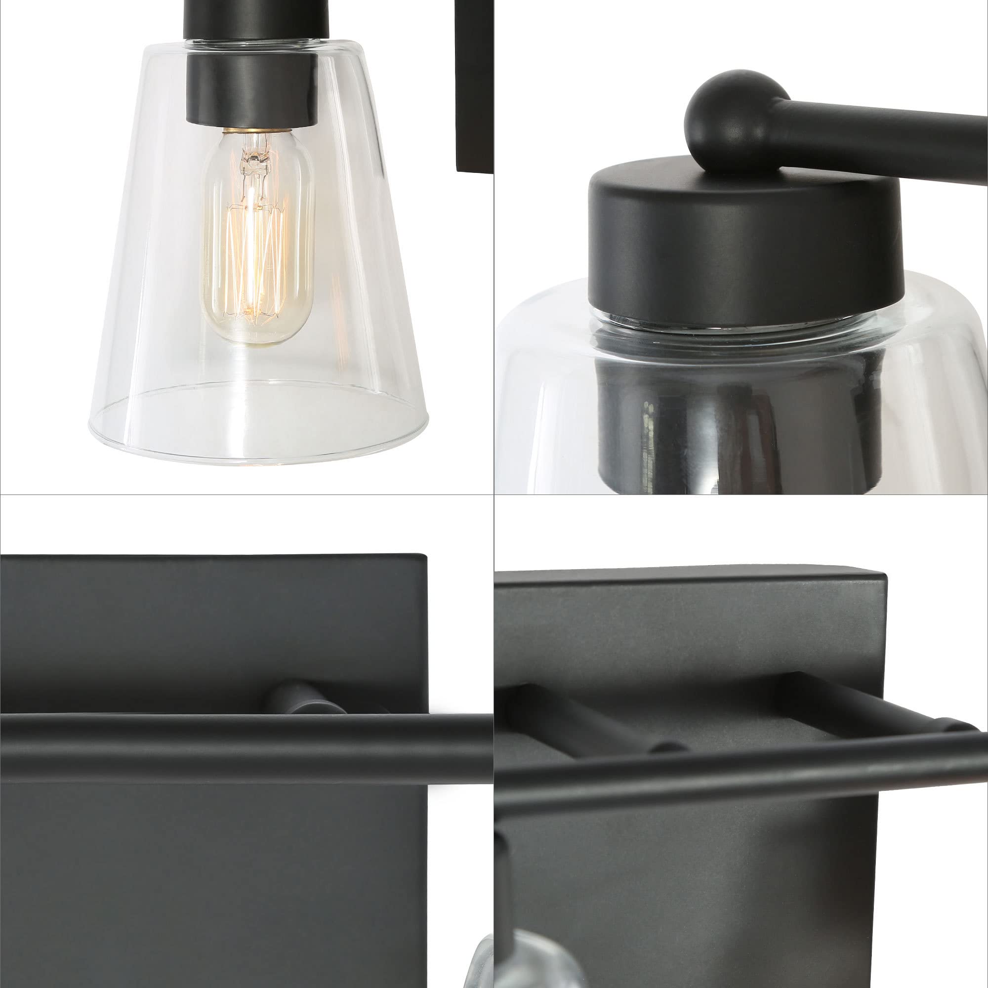Black Farmhouse Bathroom Vanity Light Fixture - 2-Light Rustic Sconce with Clear Glass Shade (13