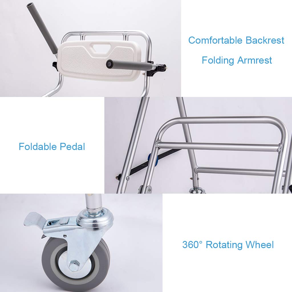 Portable Aluminum Commode Chair with Wheels - Adjustable Height Shower Toilet Chair for Elderly & Disabled Adults, Non-Slip Safety Frame Rails - Ideal for Bathroom, Bedside & Mobility Assistance