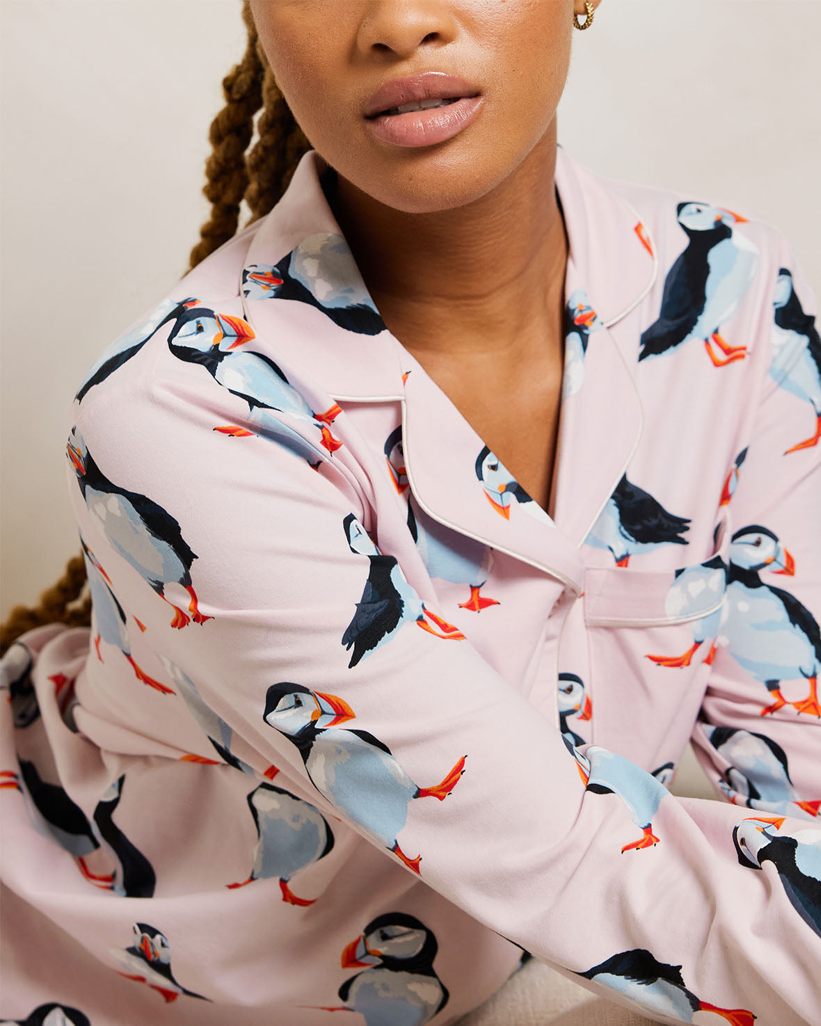 Organic Cotton Puffin Print Long Sleeve Pajama Set for Women - Soft & Comfortable Sleepwear for Winter Nights, Loungewear, and Cozy Home Relaxation