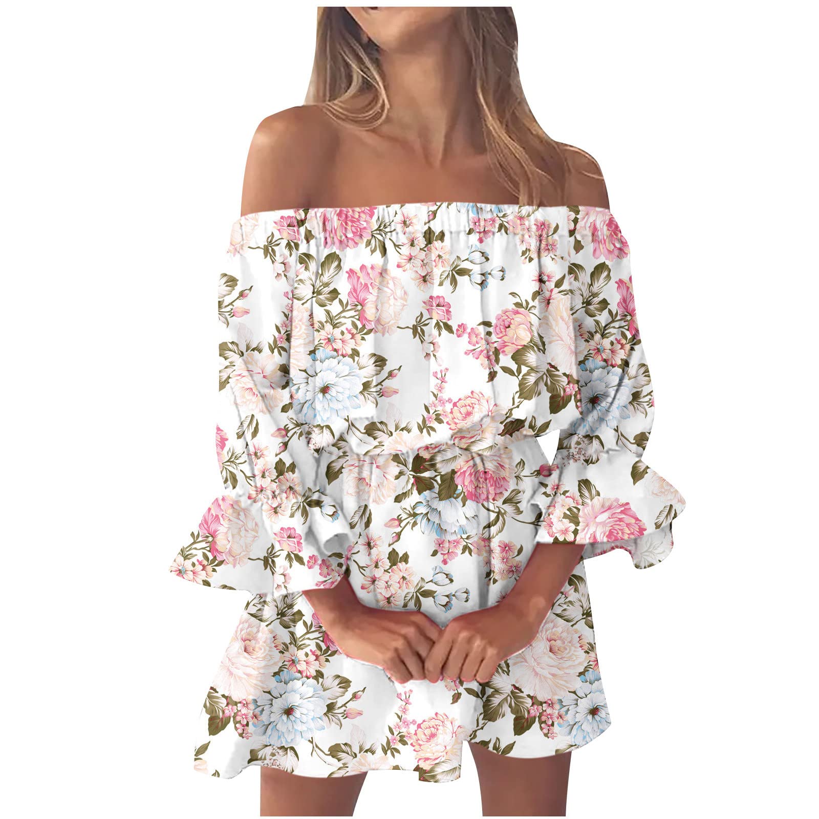 Women's Stylish Summer Sun Dresses - Casual Sexy Off Shoulder Bell Sleeve Solid & Printed Flowy Dresses for Beach, Vacation, Party & Everyday Wear