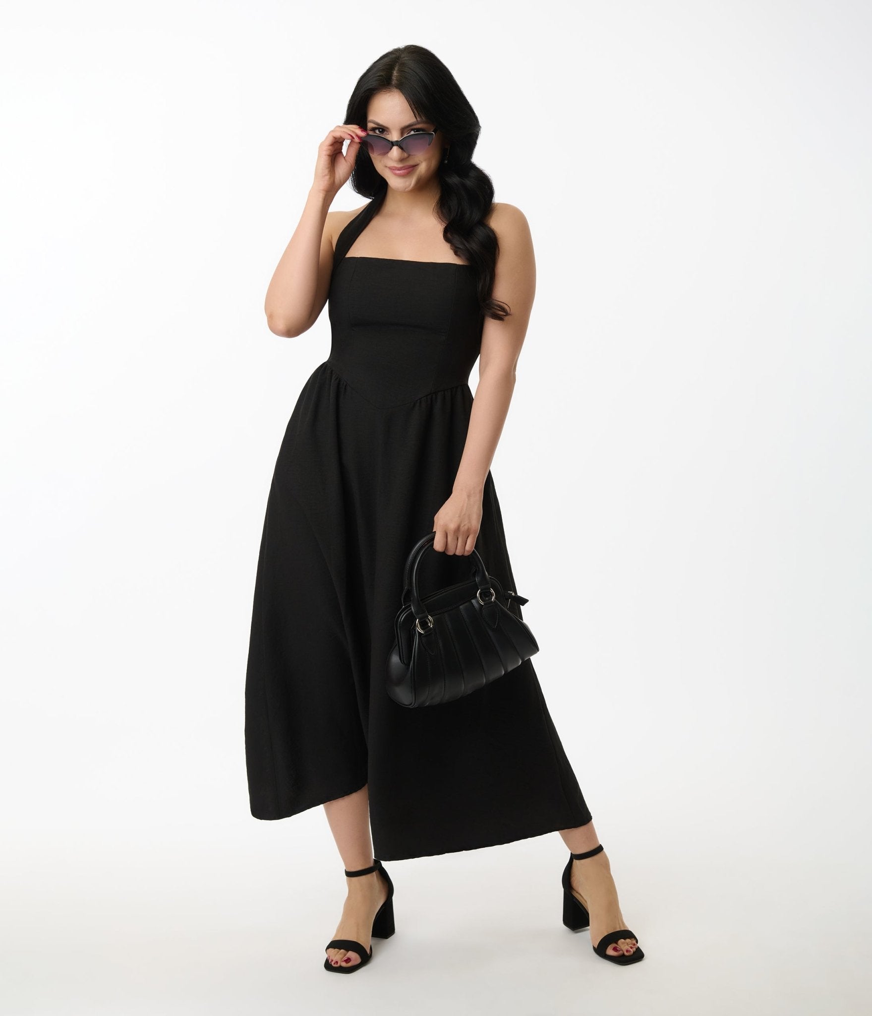 Elegant Solid Black Halter A-Line Midi Dress for Women | Summer Party, Cocktail, Wedding Guest Outfit