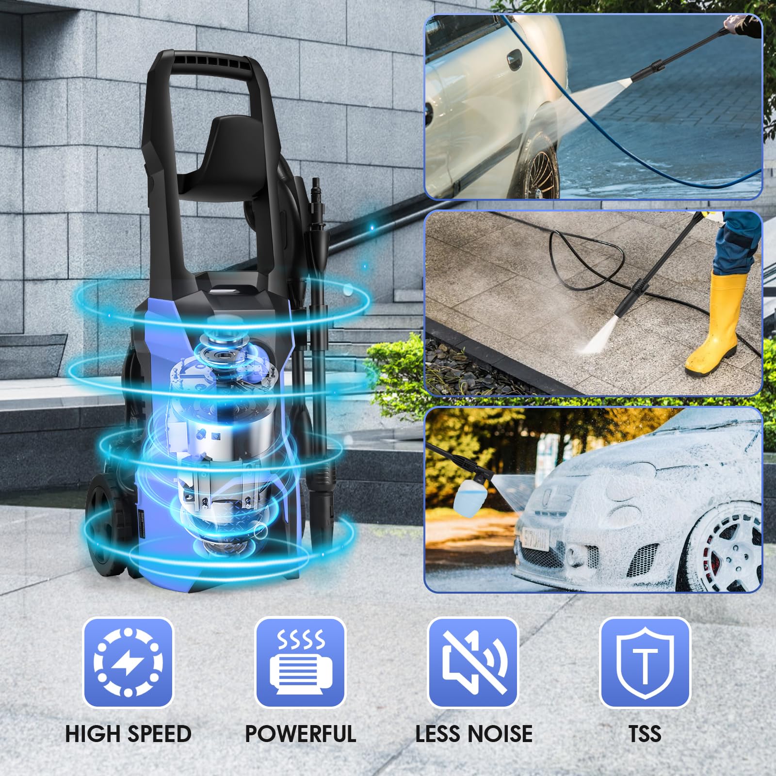 Suyncll 5000 PSI Electric Pressure Washer - Professional Power Cleaner with Adjustable Nozzle, 500ml Foam Cannon, 20ft Hose & 35ft Cord - IPX5 Waterproof for Car Washing, Driveway Cleaning, Patio & Home Exterior Maintenance
