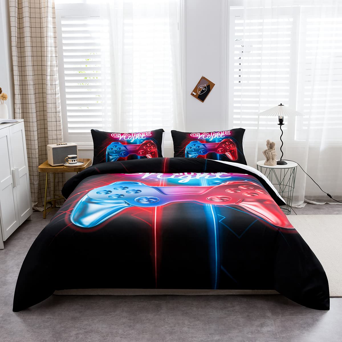 Gaming Comforter Set Twin Size - Ultra Soft Video Game Themed Bedding for Boys & Teens - Gamepad Design Duvet Cover + Pillowcase - Perfect for Kids Bedroom & Game Room Decor