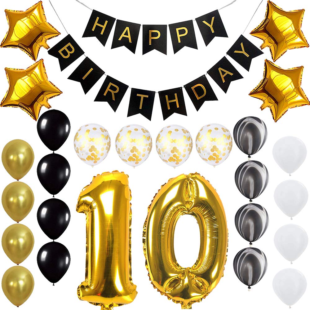 10th Birthday Banner & Balloons Set - Gold & Black Party Decorations for 10 Years Old Birthday - Perfect for Birthday Parties, Milestone Celebrations & Photo Backdrops