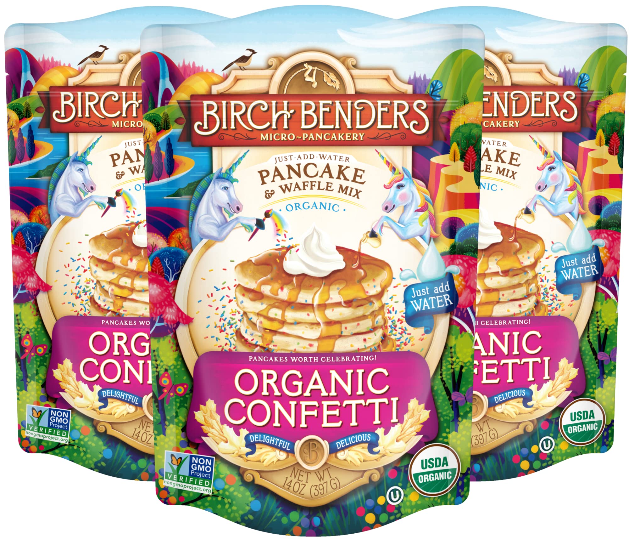 Organic Confetti Pancake & Waffle Mix - Just Add Water, 14 Oz (Pack of 3) | Birch Benders | Easy Breakfast, Kids Party, Fun Family Brunch