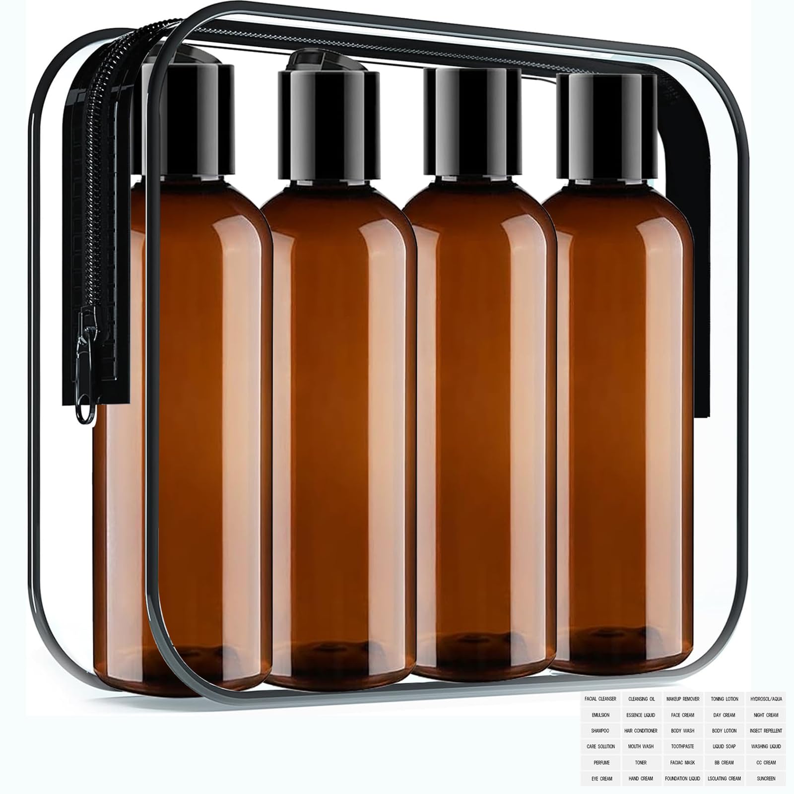 4-Pack 3.4oz/100ml Travel Toiletry Bottles with Flip Caps - Leak-Proof Squeezable Plastic Containers for Shampoo, Conditioner & Lotion - Refillable Cosmetic Kit for Airplane Travel, Gym & Vacation Essentials (Brown)