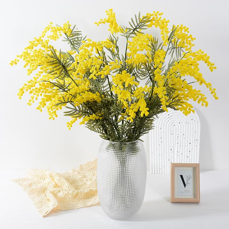 4pcs Mimosa Artificial Silk Flowers - Fake Plants Branches Spray Pudica Acacia Bouquet for Home Decor, Wedding Centerpieces & Fall Decoration (Yellow) - Perfect for Table Settings, Party Decor & Seasonal Displays