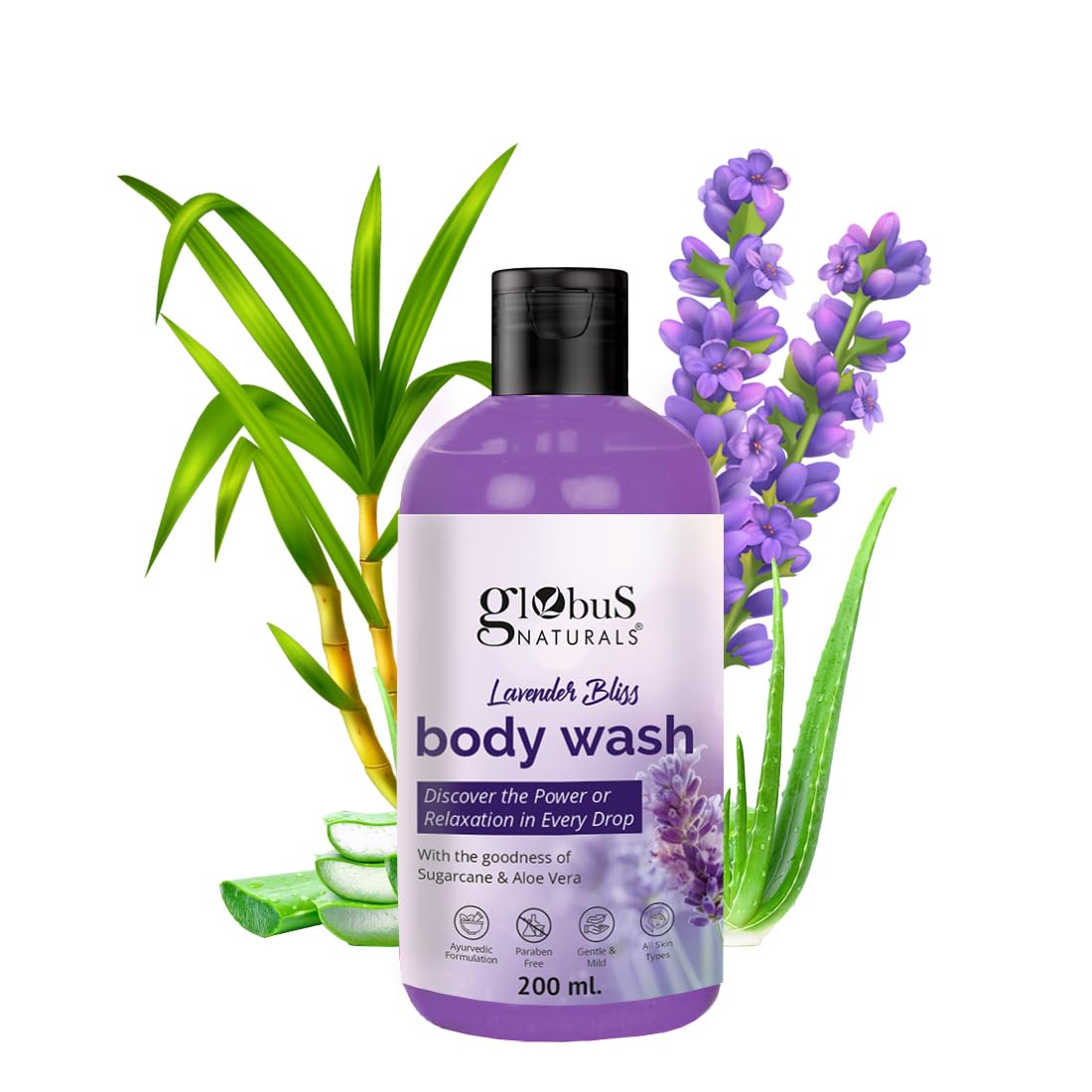 Globus Naturals Lavender Body Wash with Sugarcane & Aloe Vera - Ayurvedic, Paraben-Free, Gentle for All Skin Types - 200ml | Relaxing Bath & Aromatherapy for Stress Relief