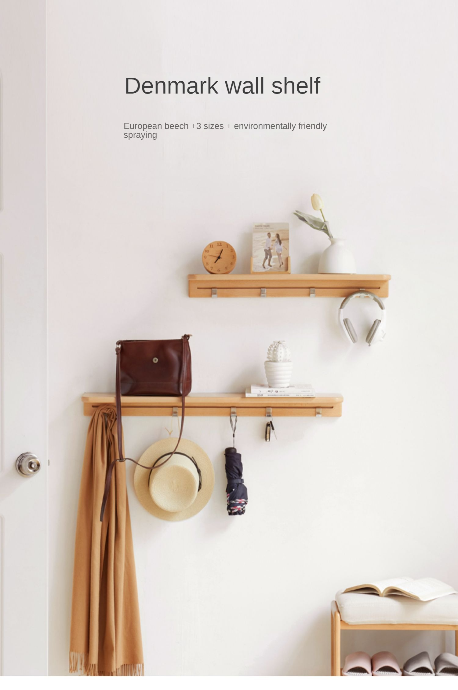 Solid Beech Wood Wall Shelf with Hooks - Rustic Floating Shelf for Kitchen, Bathroom, or Living Room Storage & Decor